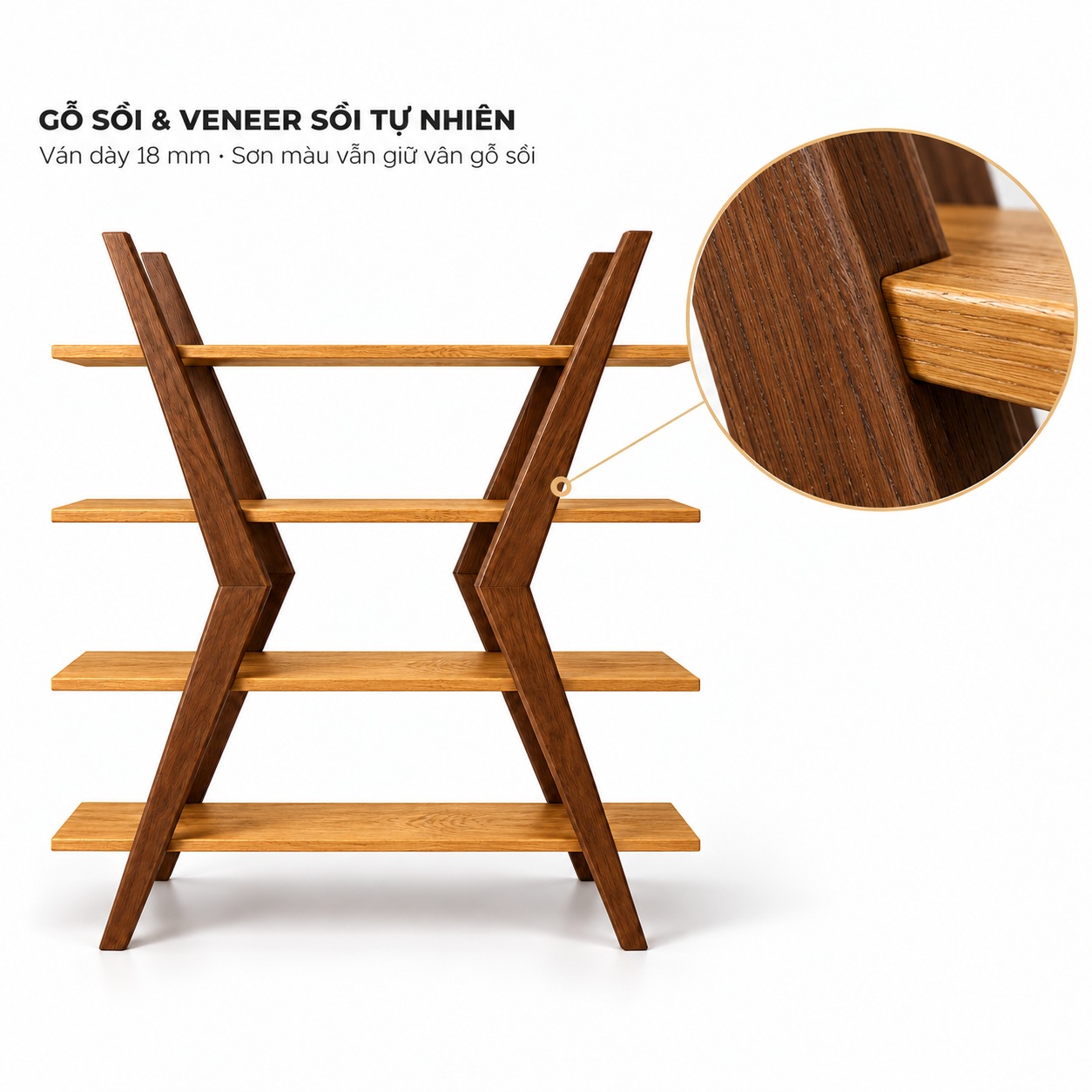Gỗ sồi kết hợp veneer sồi, tấm18mm và mép gỗ bo mềm trên kệ GHS-2681