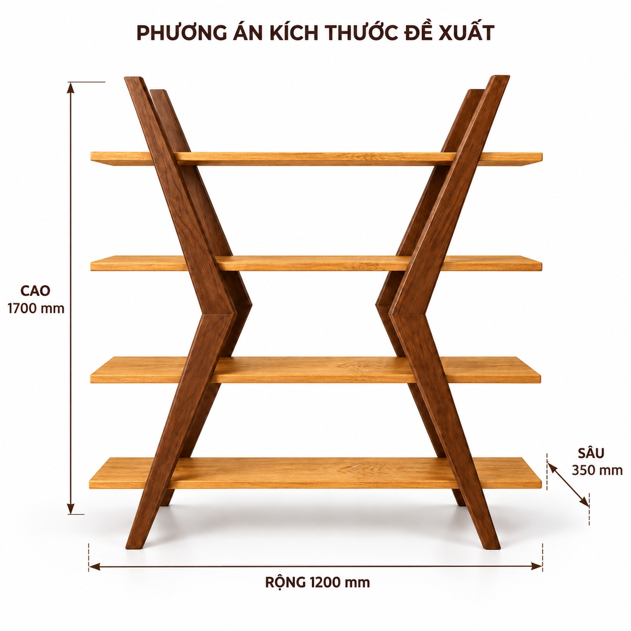 Kích thước đề xuất rộng1200, sâu350, cao1700mm cho kệ gỗ sồi GHS-2681