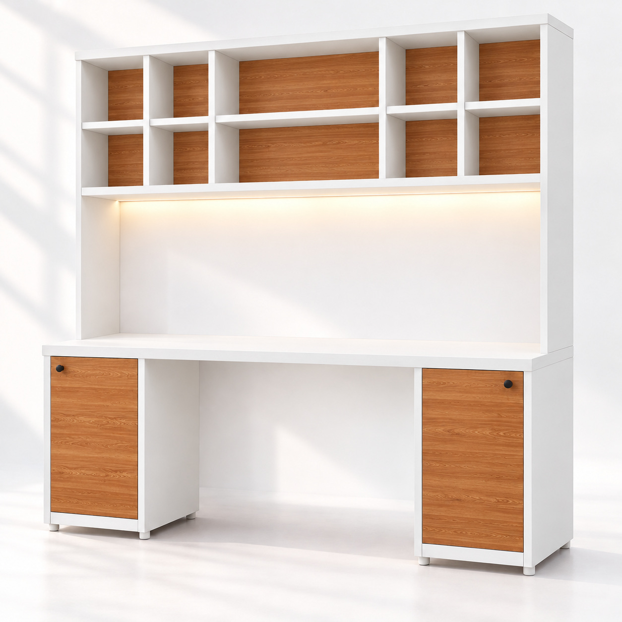 Bàn làm việc liền kệ sách GHS-4073, trắng phối gỗ xoan đào 414