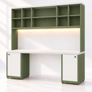 Bàn làm việc liền kệ sách, xanh olive phối trắng