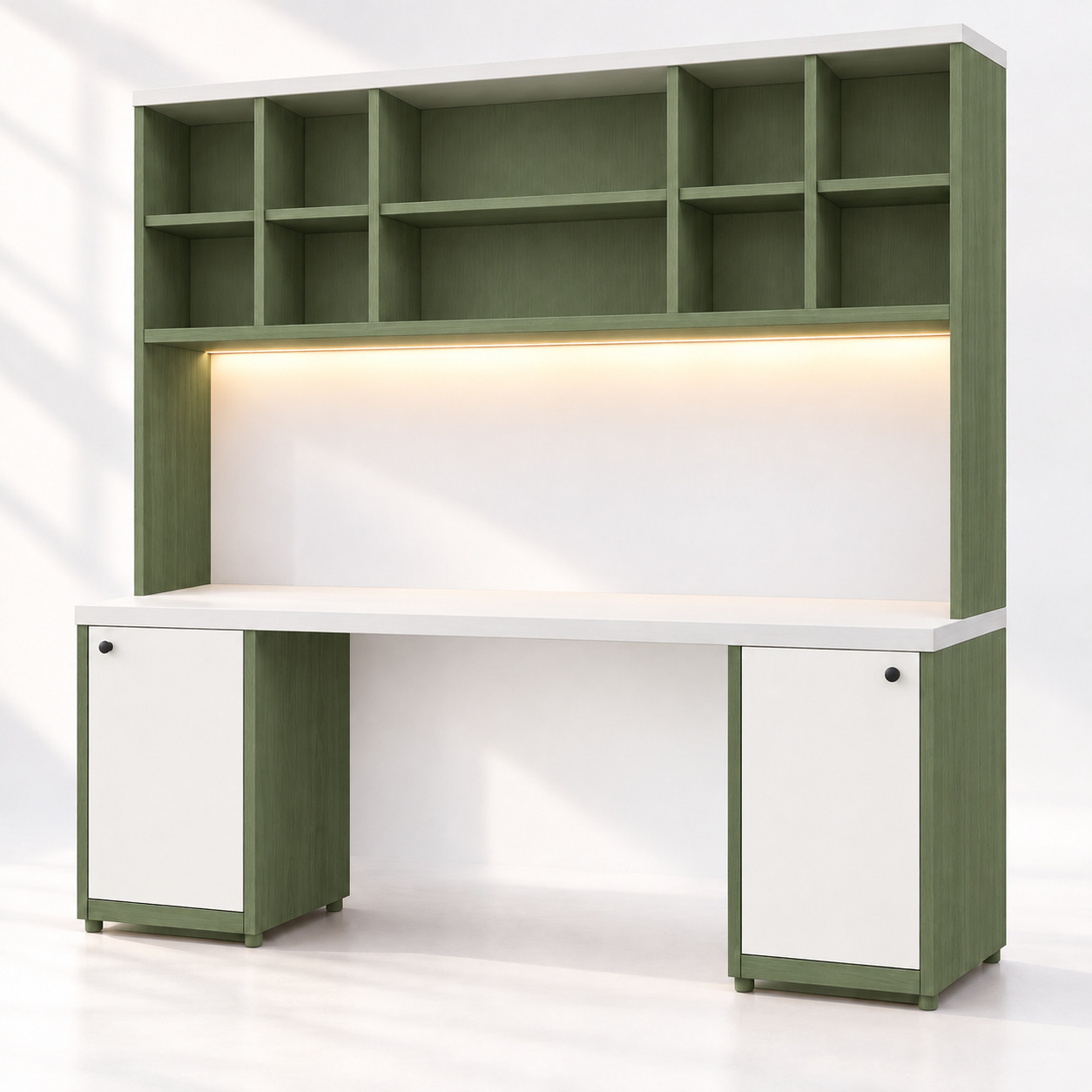 Bàn làm việc liền kệ sách, xanh olive phối trắng