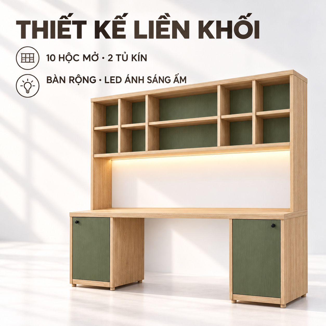 Thiết kế bàn rộng, kệ 10 hộc và hai tủ dưới