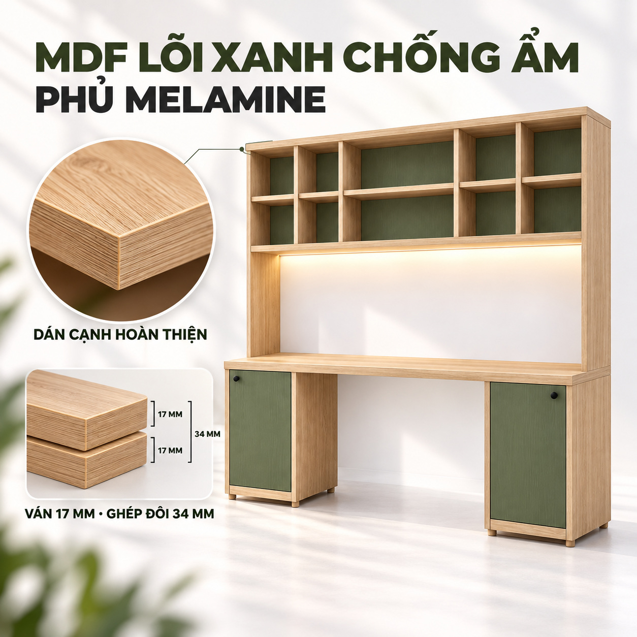 Phương án MDF chống ẩm phủ Melamine, ván 17 mm và mặt bàn ghép đôi 34 mm