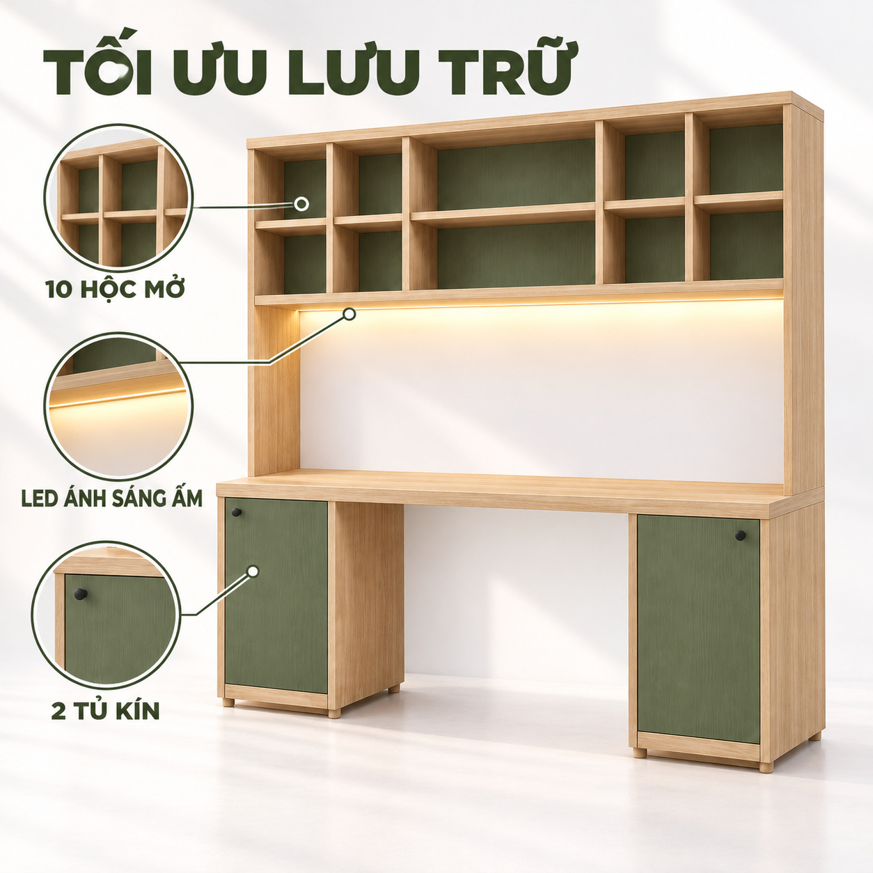 Công năng kệ mở, mặt bàn và hai tủ kín
