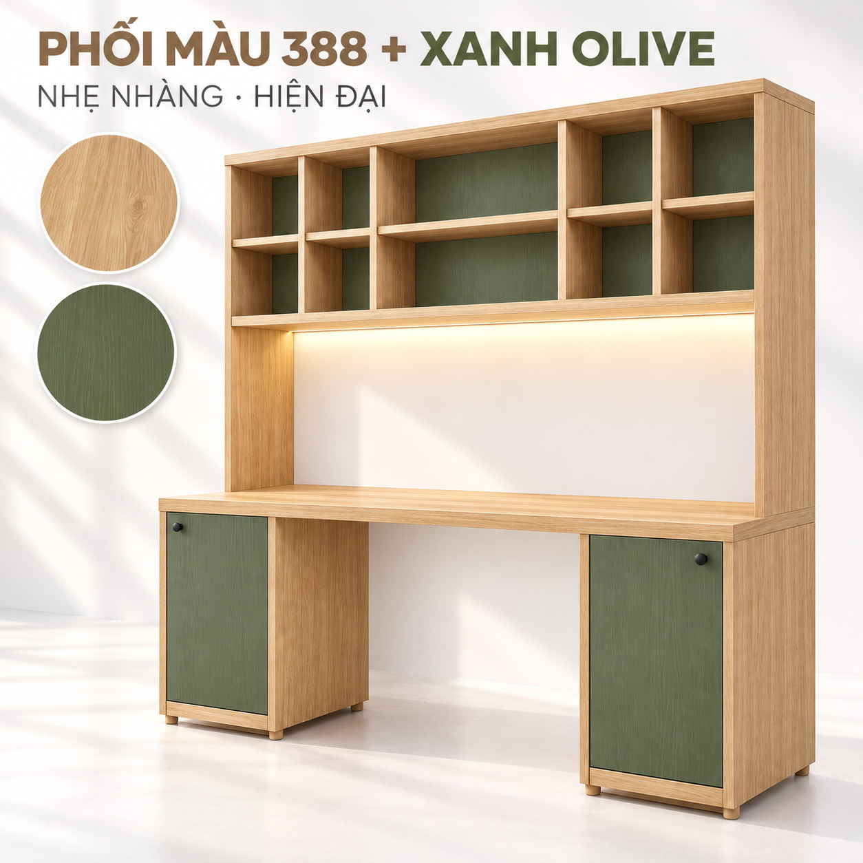 Minh họa phối gỗ sáng 388 và xanh olive