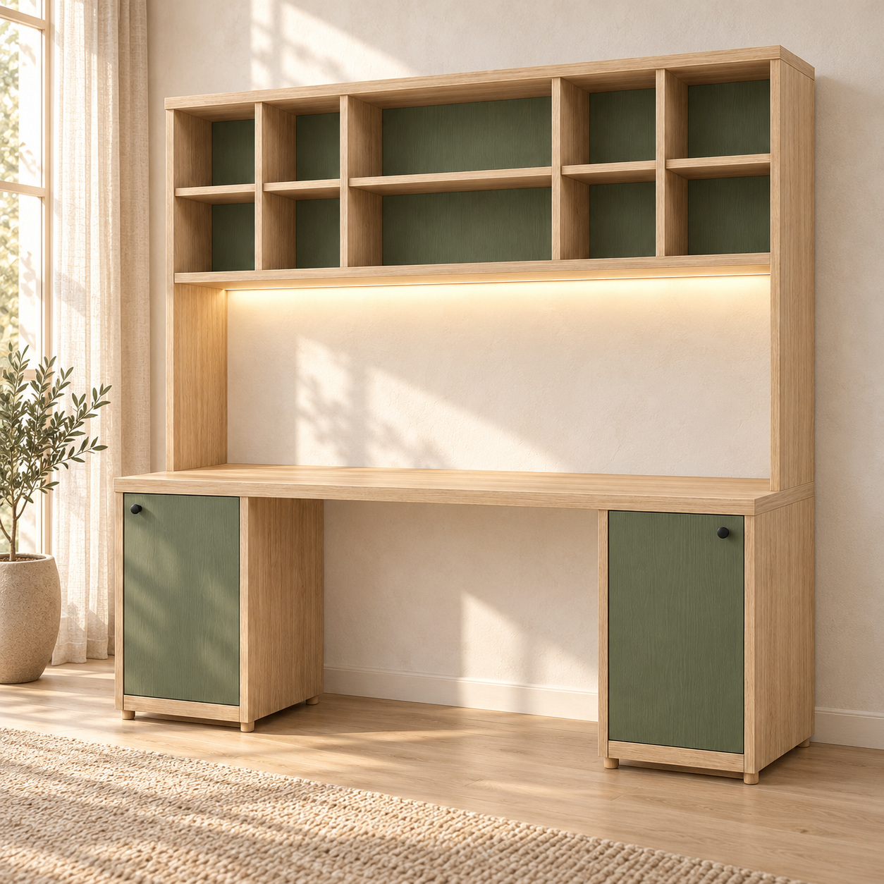 Phối cảnh minh họa bàn liền kệ bên cửa sổ