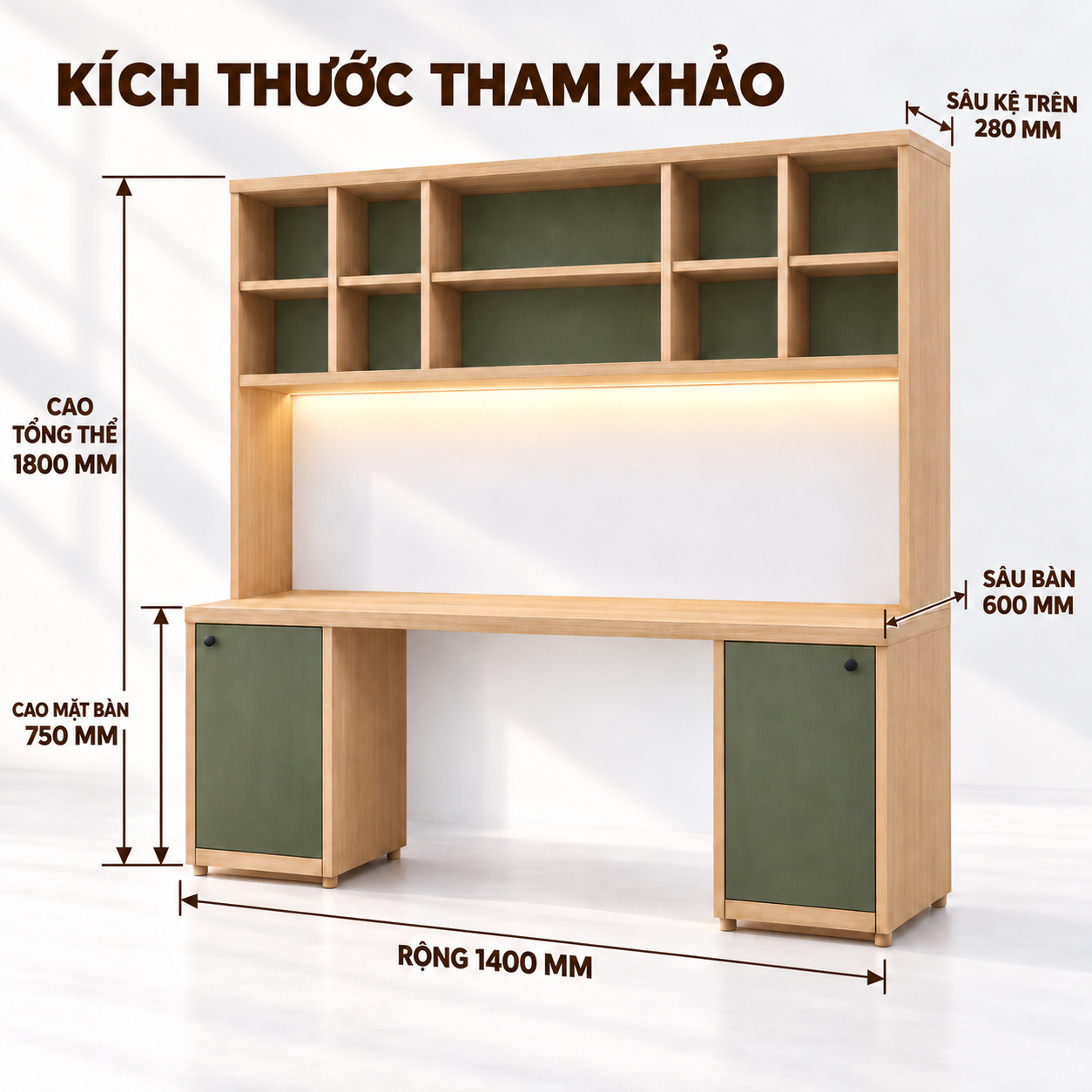 Kích thước tham khảo: 1400 × 600 × 1800 mm, mặt bàn cao 750 mm