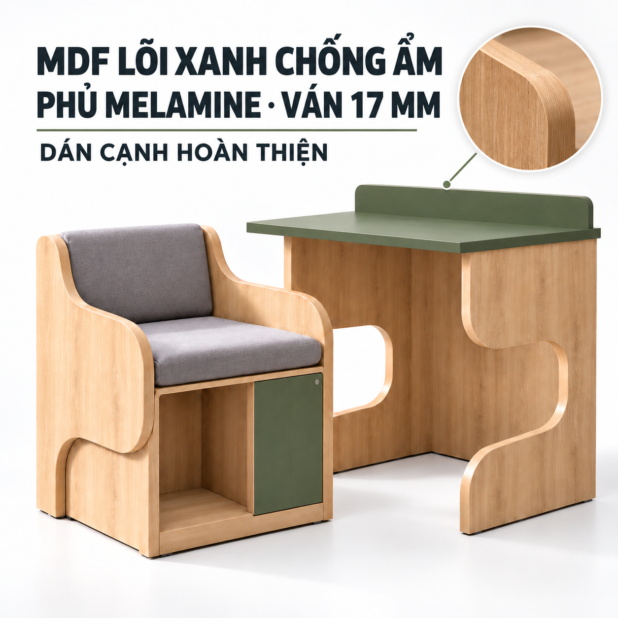 Phương án MDF chống ẩm phủ Melamine dày 17 mm, dán cạnh đồng màu