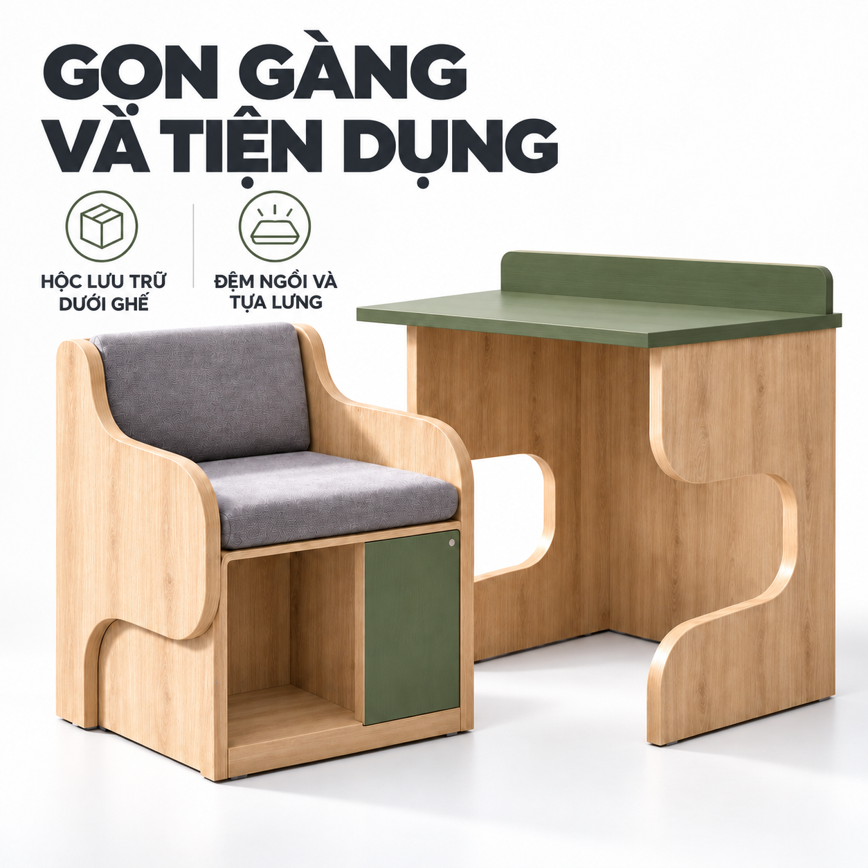 Ghế có khoang cất đồ dưới đệm ngồi và đệm tựa xám