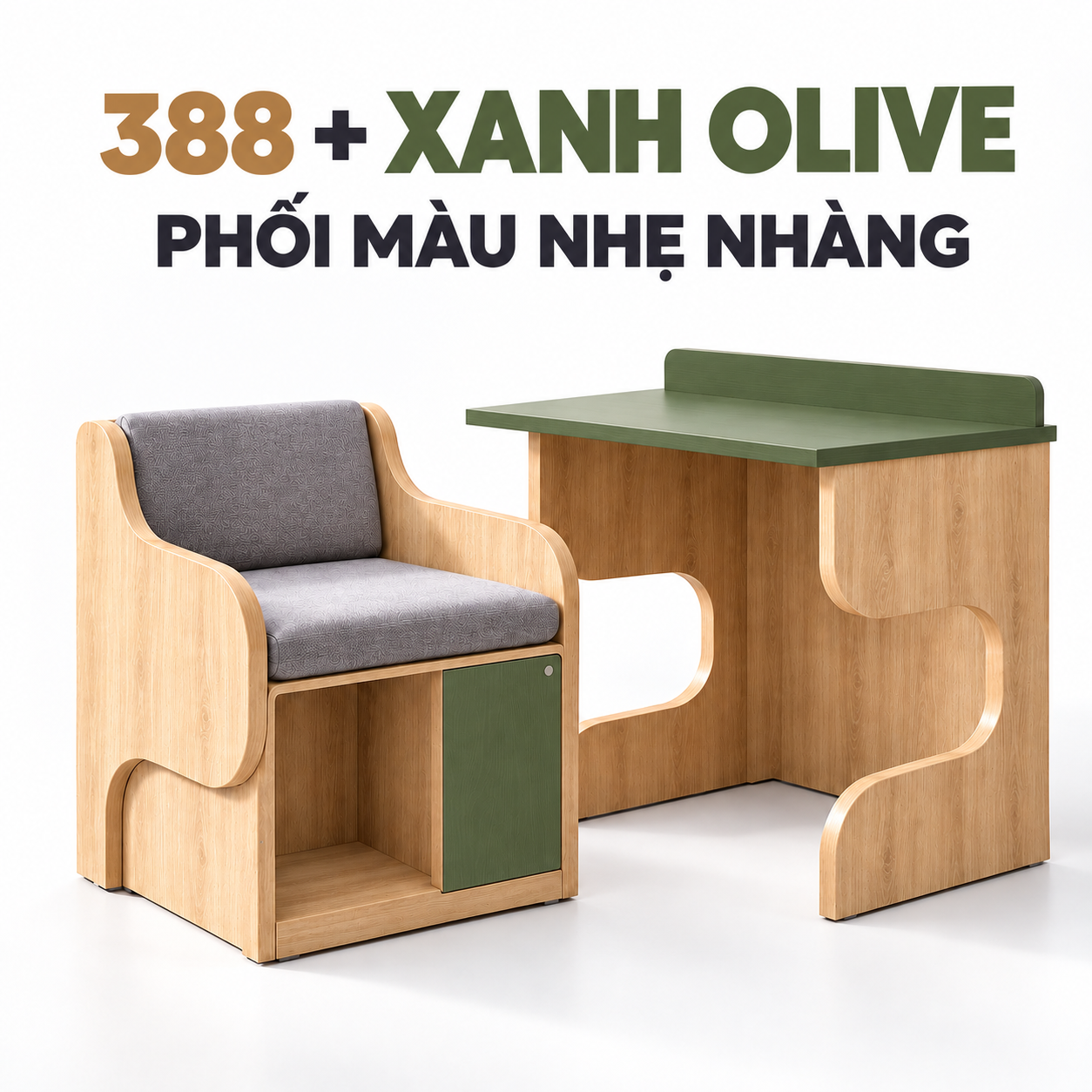 Phối gỗ sáng 388 và xanh olive của bộ bàn ghế vách cong
