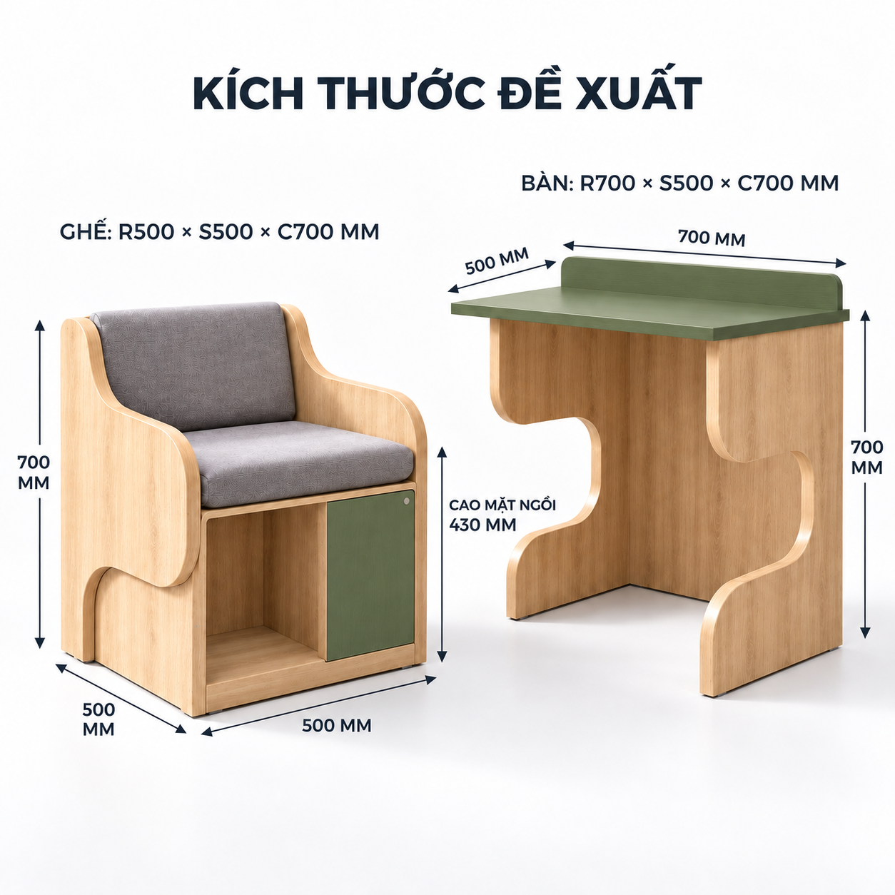 Kích thước đề xuất: bàn 700 × 500 × 700 mm, ghế 500 × 500 × 700 mm, mặt ngồi cao 430 mm