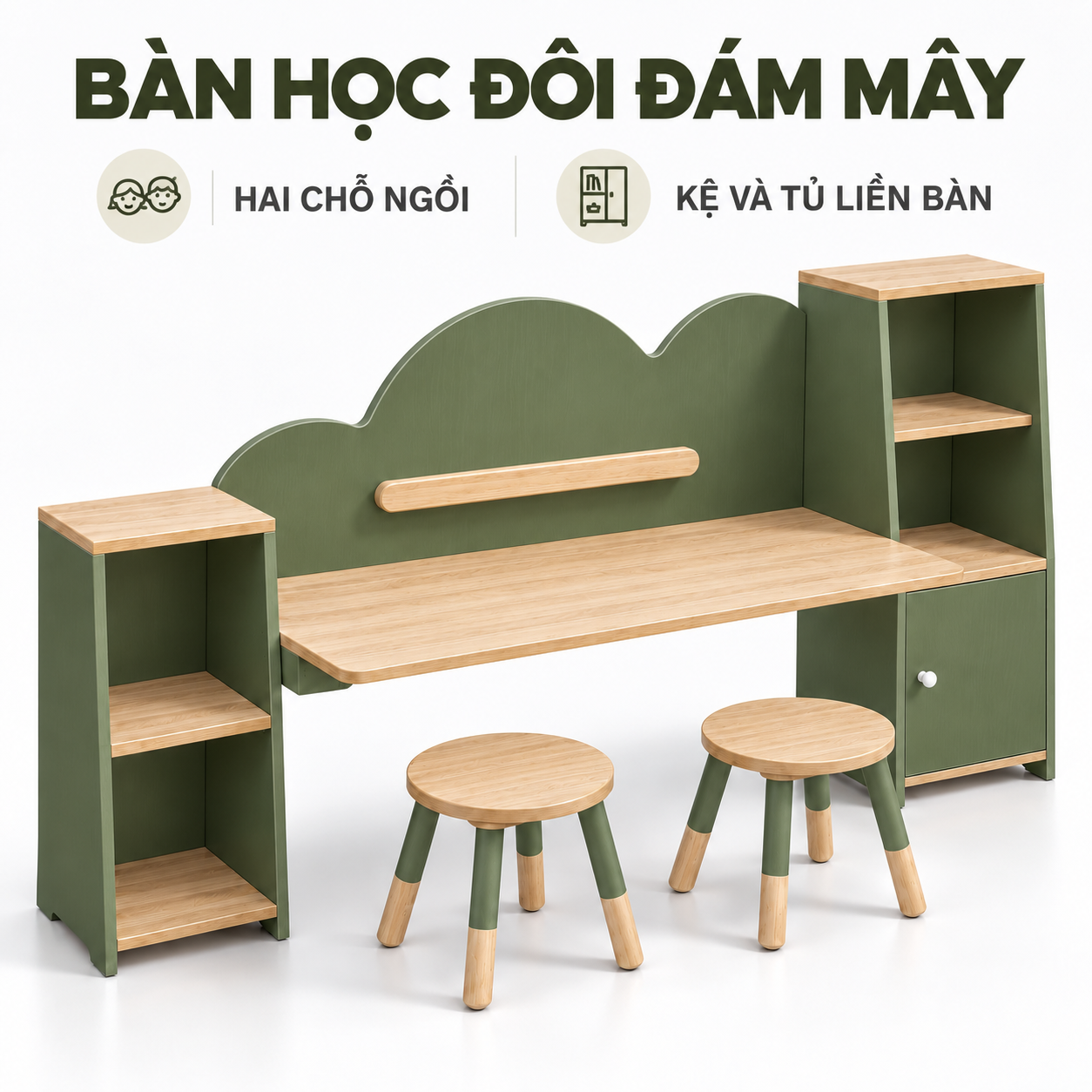 Thiết kế bàn đôi vách đám mây, kệ hai bên và hai ghế đôn Thiết kế bàn đôi vách đám mây, kệ hai bên và hai ghế đôn
