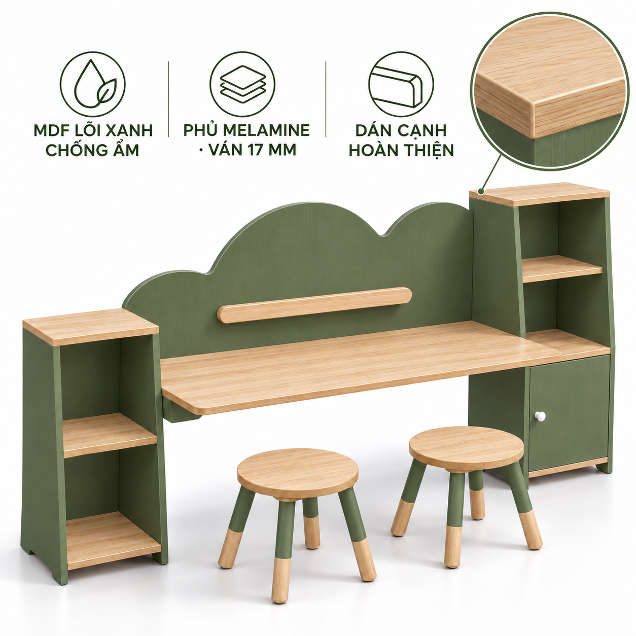 Phương án bàn và kệ MDF lõi xanh chống ẩm phủ melamine 17 mm, dán cạnh Phương án bàn và kệ MDF lõi xanh chống ẩm phủ melamine 17 mm, dán cạnh