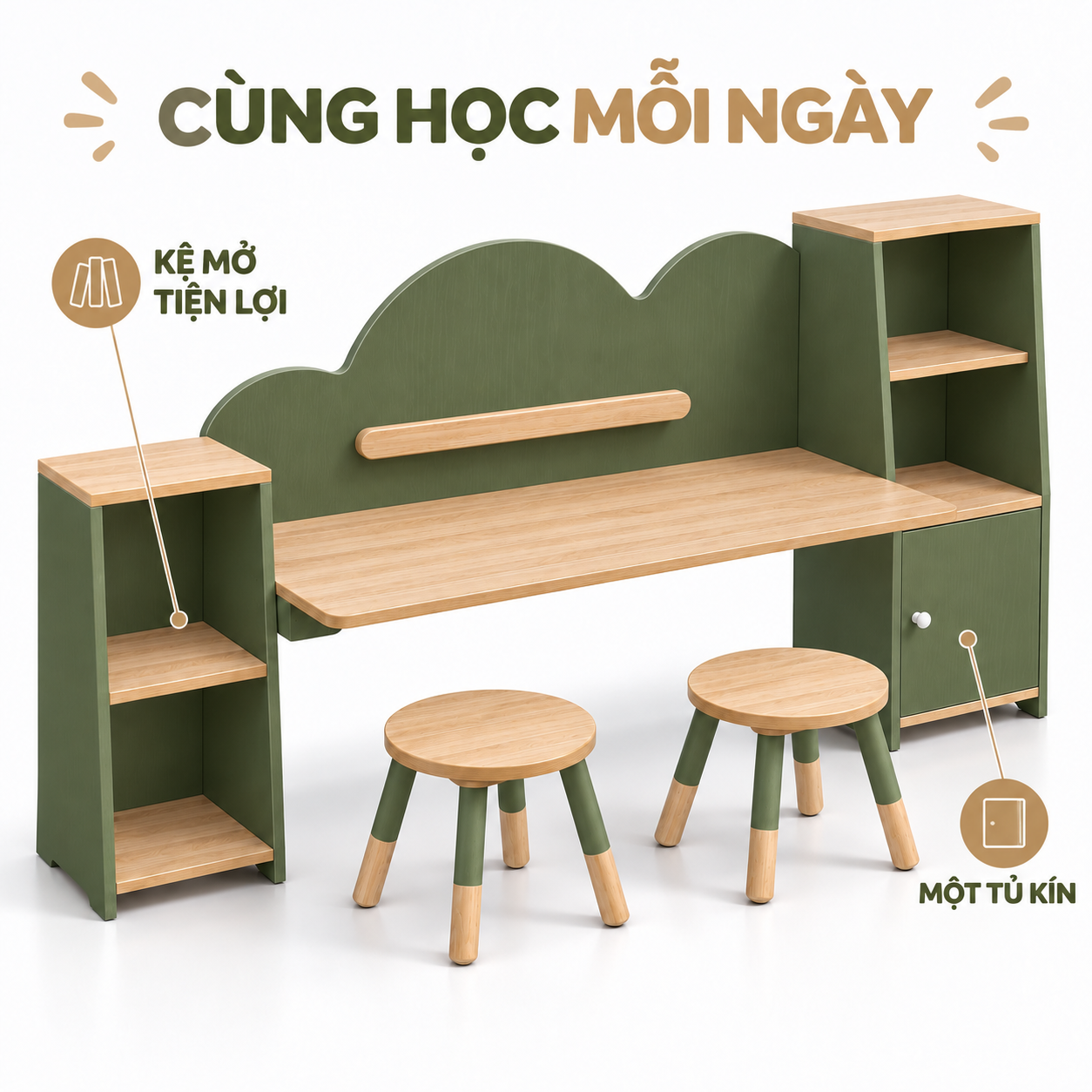 Công năng bàn hai chỗ ngồi với bốn hộc kệ mở và một tủ kín Công năng bàn hai chỗ ngồi với bốn hộc kệ mở và một tủ kín