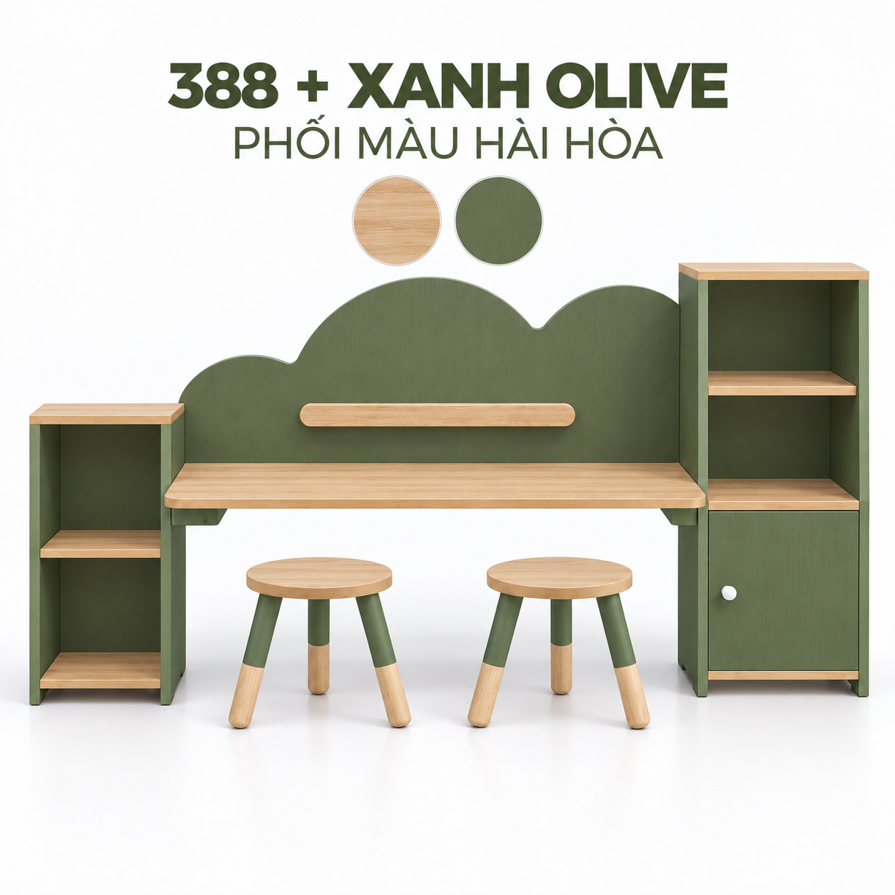 Phối màu gỗ sáng 388 và xanh olive cho bàn học đôi đám mây Phối màu gỗ sáng 388 và xanh olive cho bàn học đôi đám mây