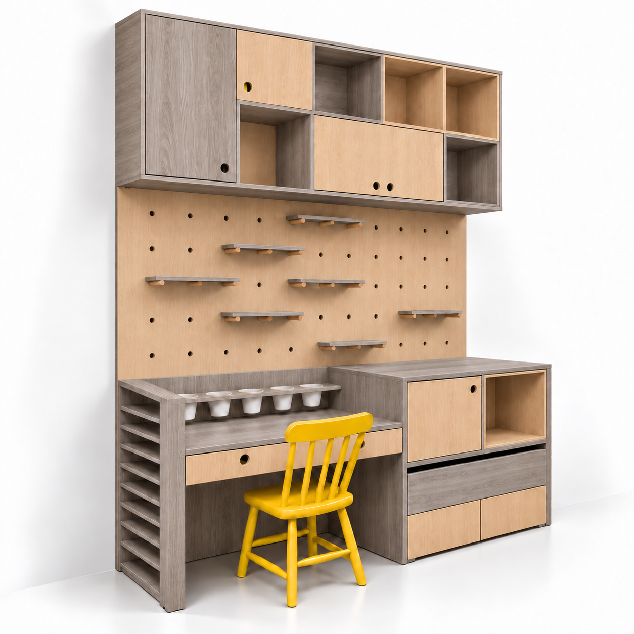 Bàn học pegboard GHS-4076 phối gỗ 413 và gỗ sáng 388