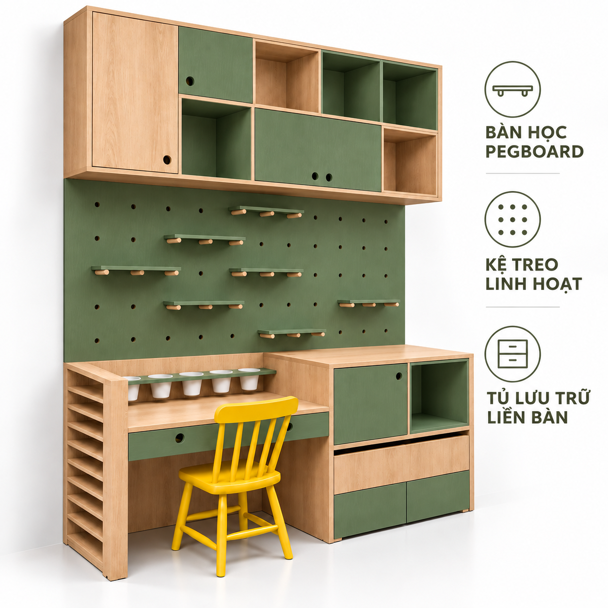 Thiết kế bàn học pegboard với tủ treo chia ô và kệ hông mười ô