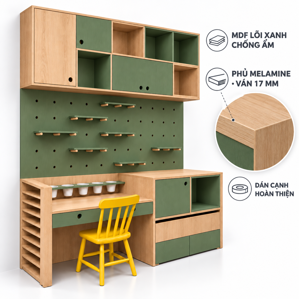 Phương án MDF lõi xanh chống ẩm phủ melamine 17 mm, dán cạnh hoàn thiện