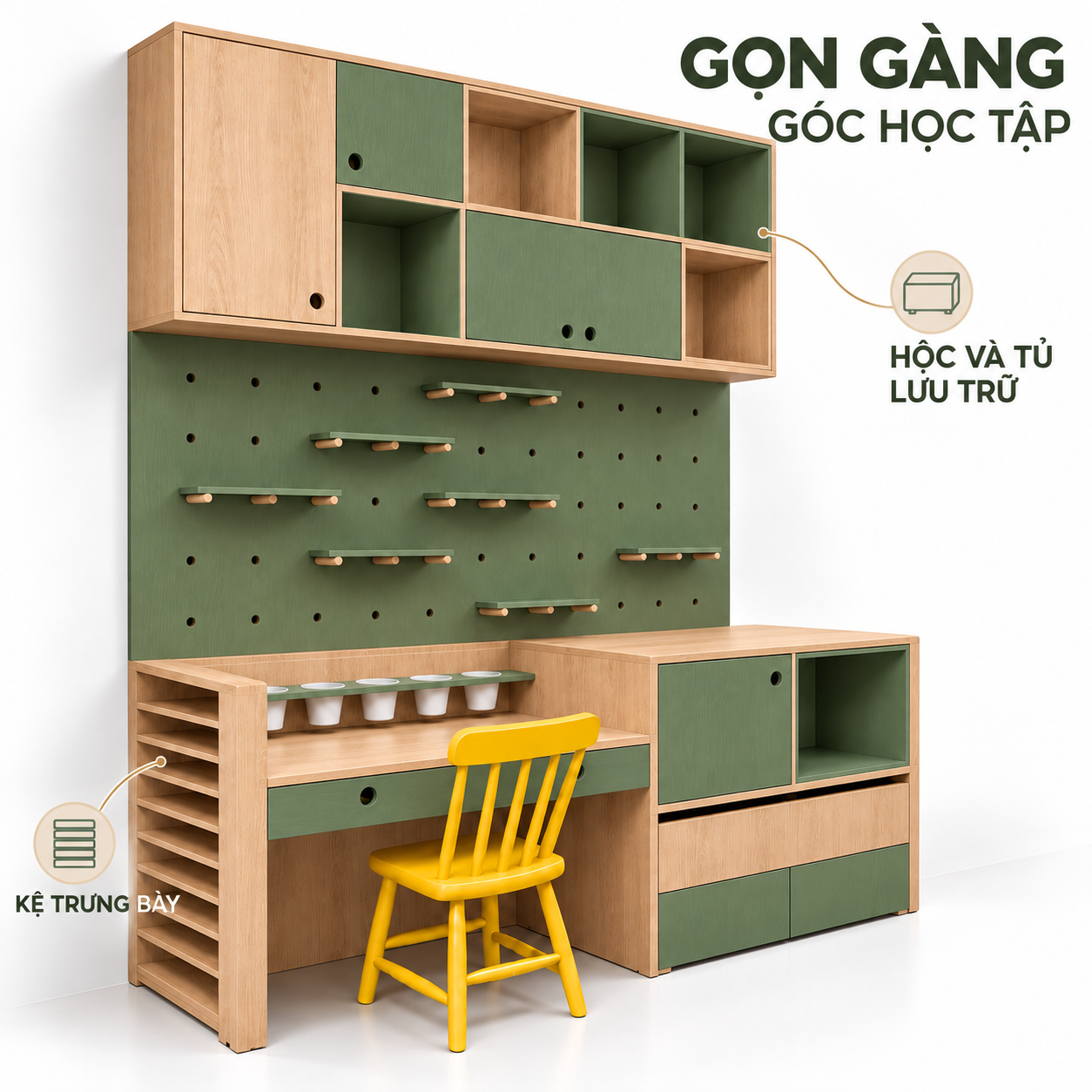 Bảng lỗ cùng kệ hông và tủ liền bàn để xếp đồ học