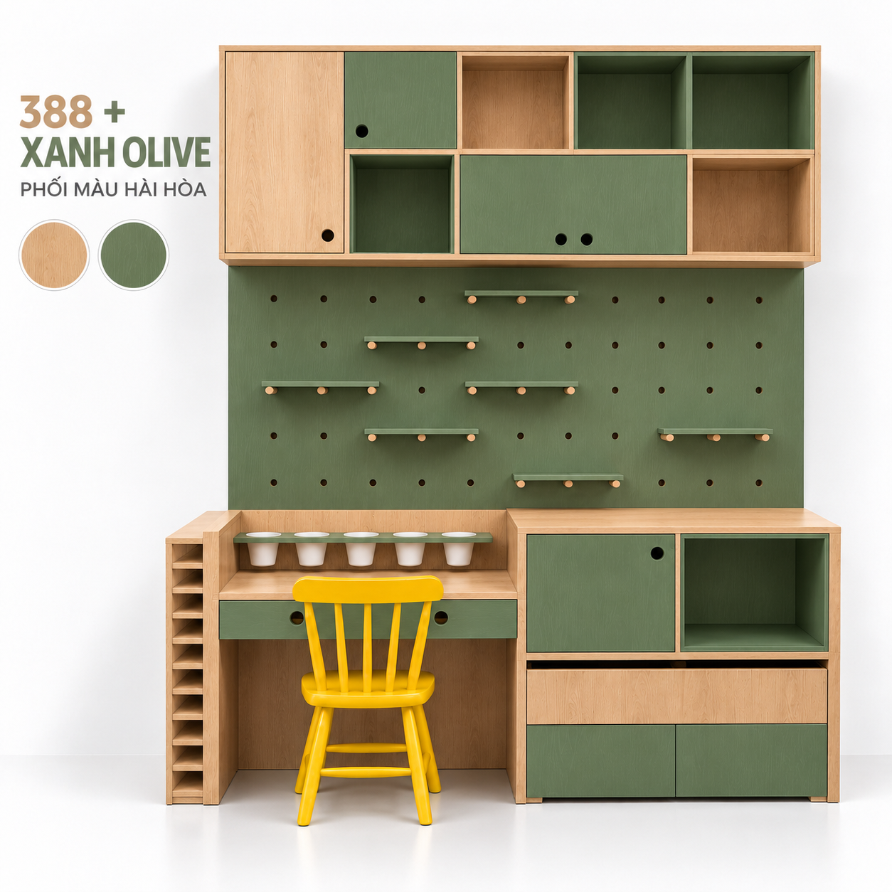 Bàn học pegboard phối gỗ 388 và xanh olive nhìn chính diện