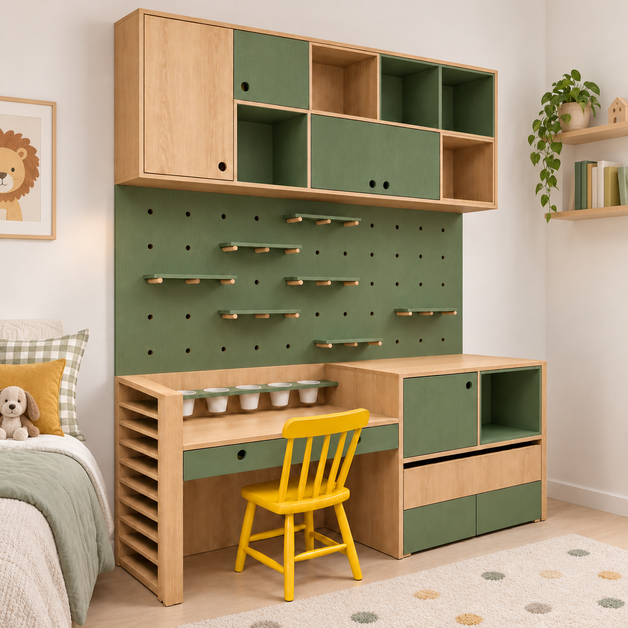 Phối cảnh minh họa bàn học pegboard và ghế gỗ sơn vàng