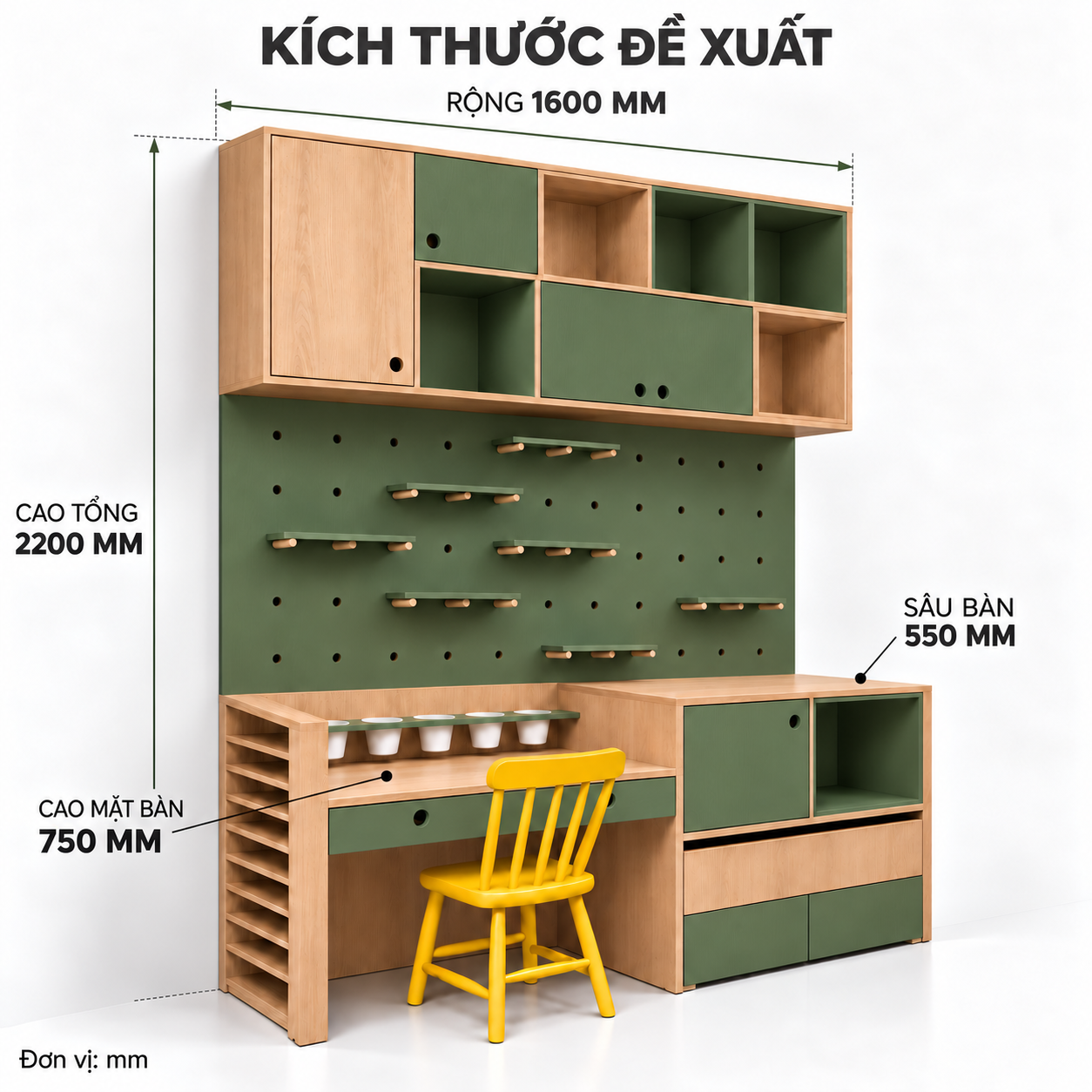 Kích thước đề xuất rộng 1600, sâu 550, cao 2200 mm; mặt bàn cao 750 mm