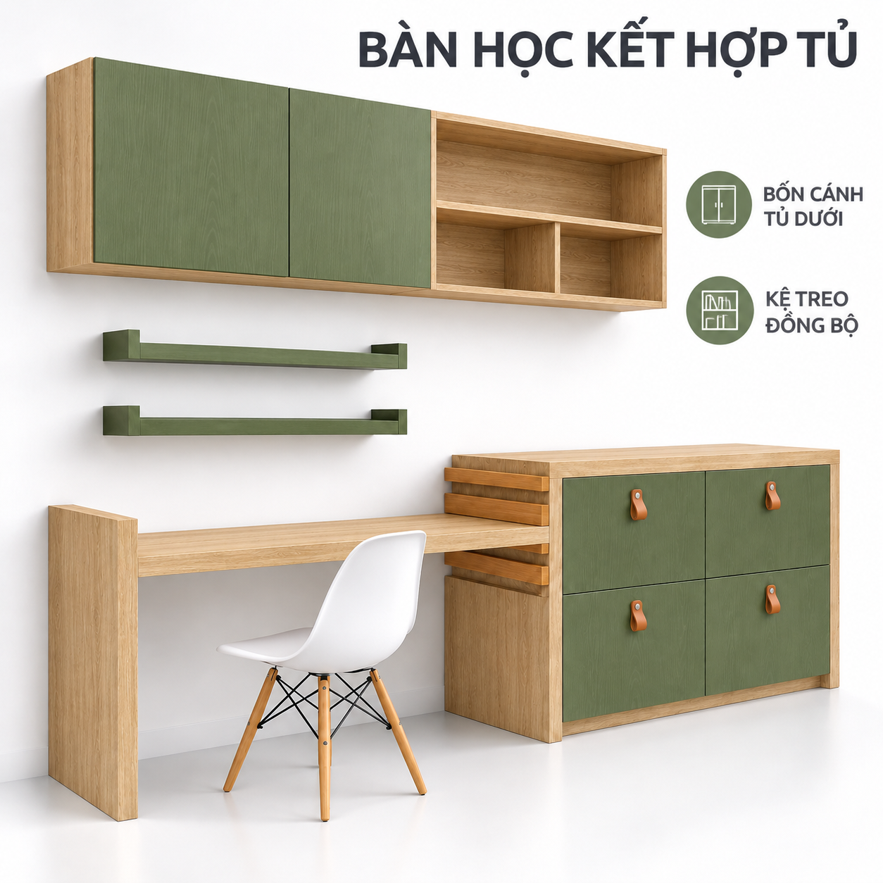 Thiết kế bàn nối tủ bốn cánh bên phải và kệ treo tường