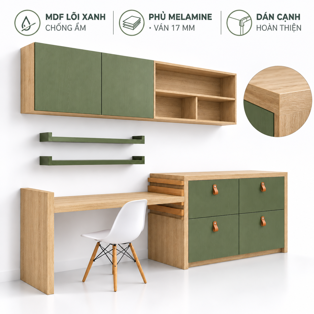 Phương án MDF lõi xanh chống ẩm phủ melamine 17 mm và dán cạnh