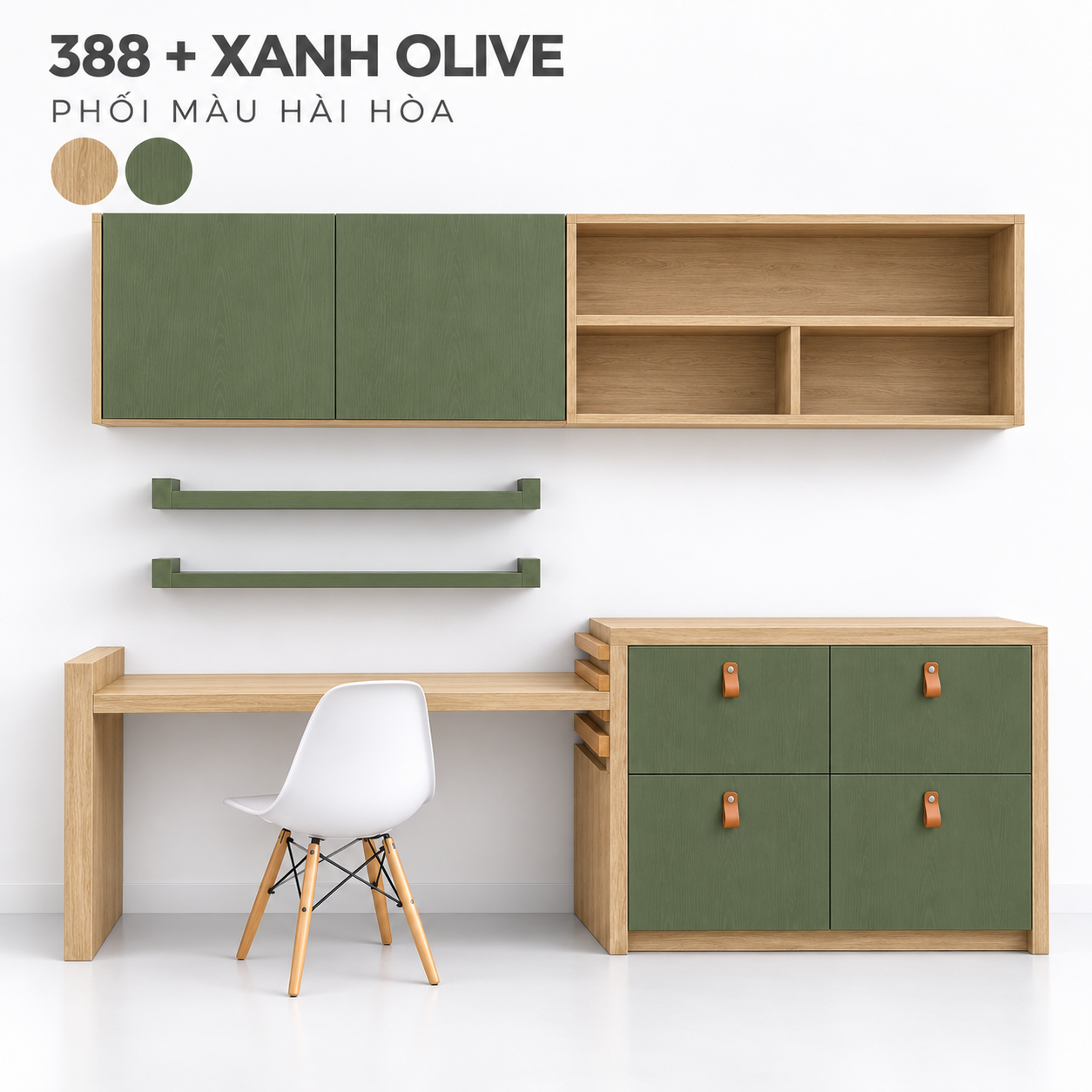 Bàn và hệ tủ GHS-4077 phối gỗ sáng 388, xanh olive nhìn chính diện