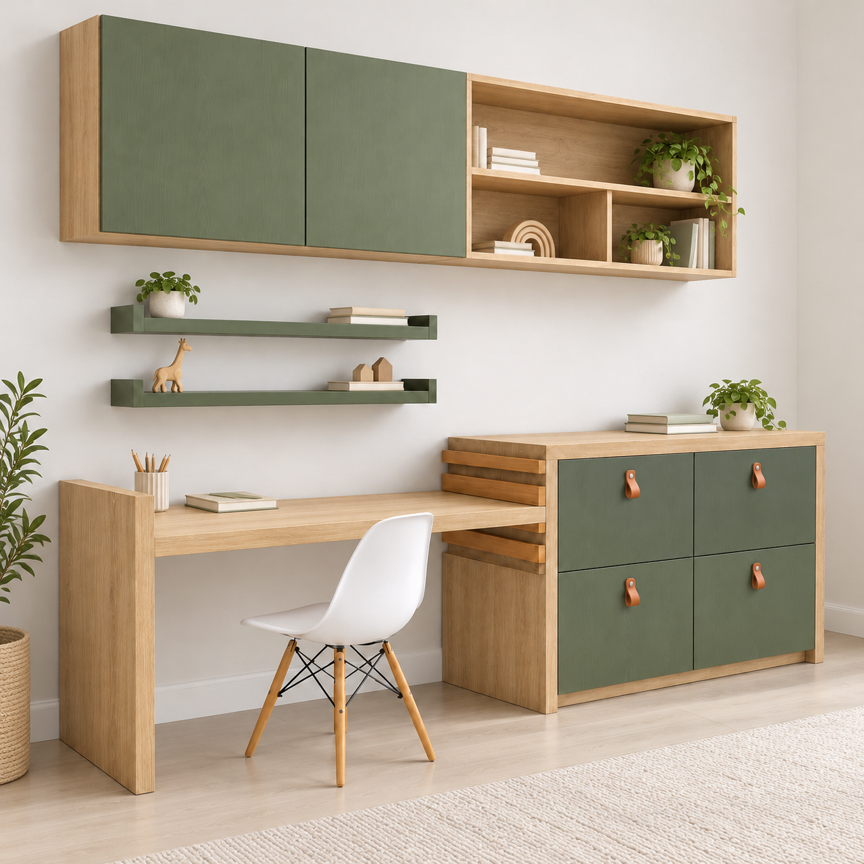 Phối cảnh minh họa bàn liền tủ bốn cánh và ghế nhựa chân gỗ