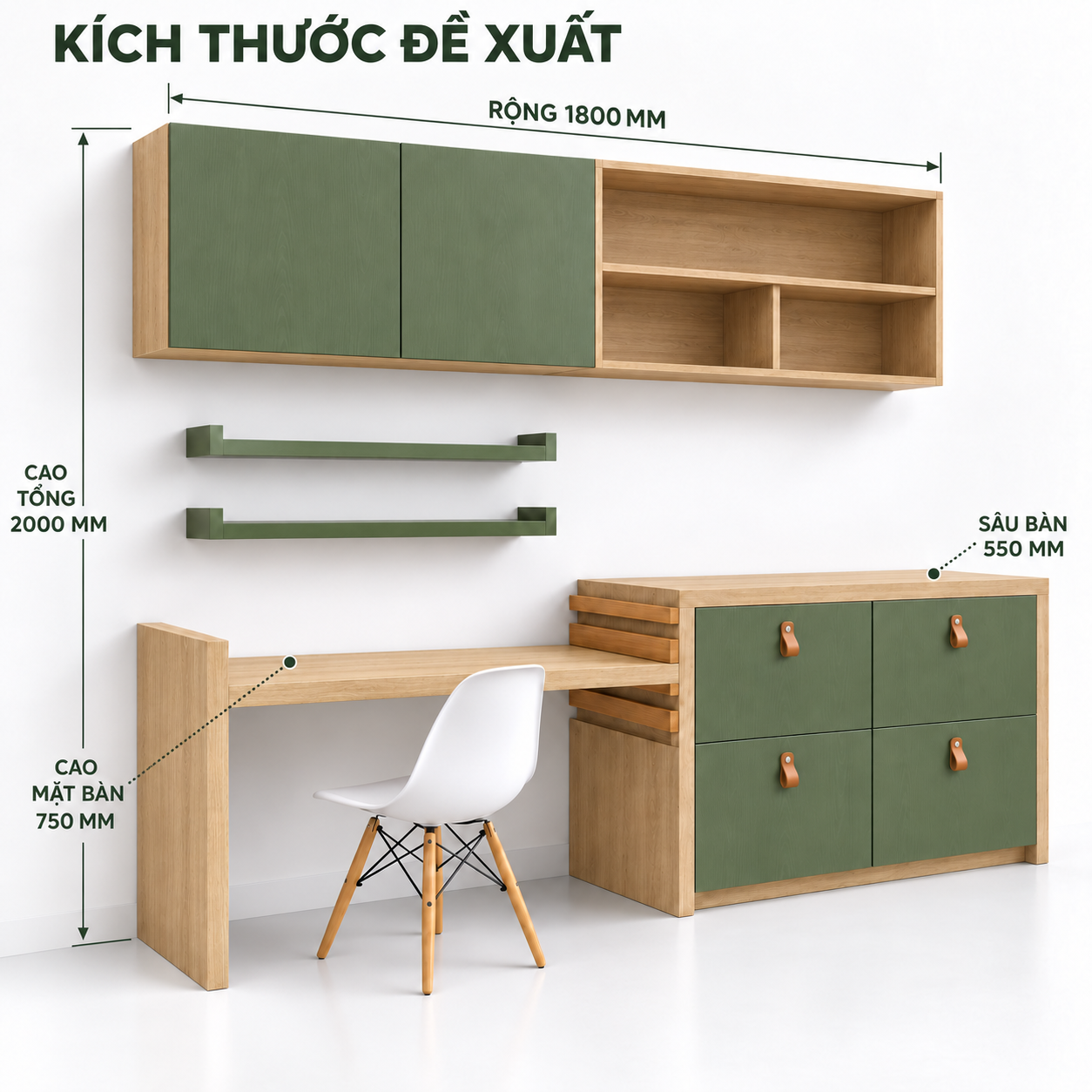 Kích thước đề xuất rộng 1800, sâu 550, cao 2000 mm; mặt bàn cao 750 mm
