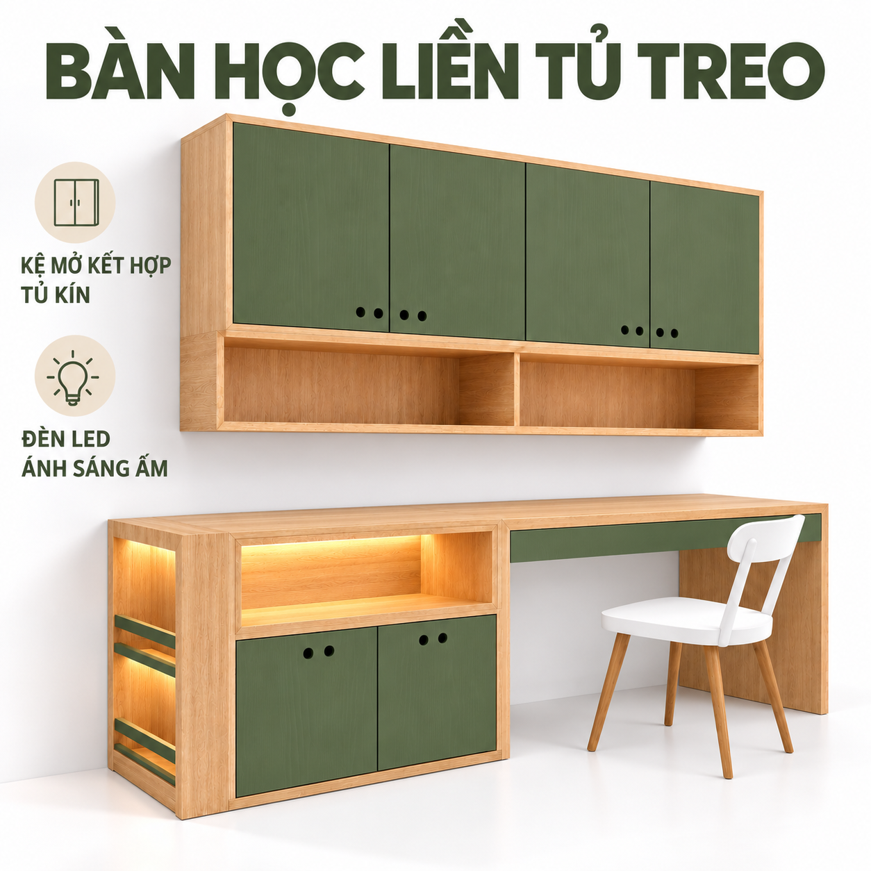 Thiết kế bàn học liền tủ treo, tủ bên và một ghế GHS-4078