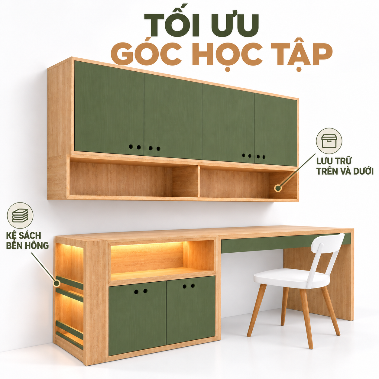 Tủ kín, hộc mở và hai kệ hông có LED của bàn học GHS-4078