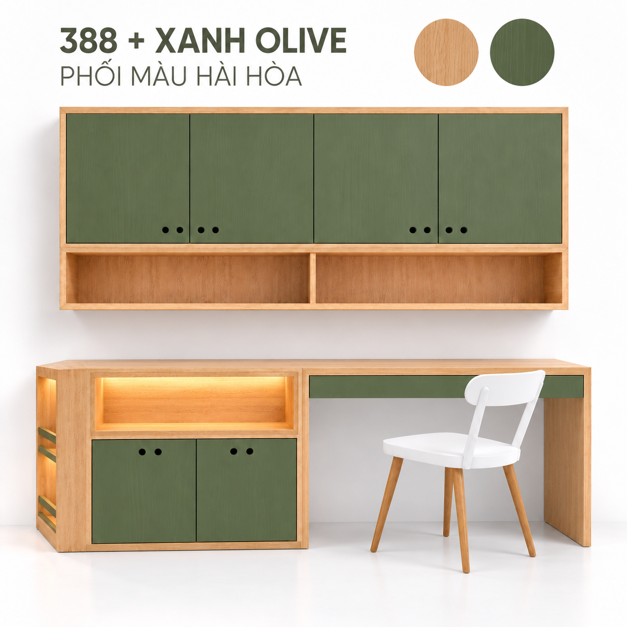 Bàn học GHS-4078 phối gỗ sáng 388 và xanh olive nhìn chính diện