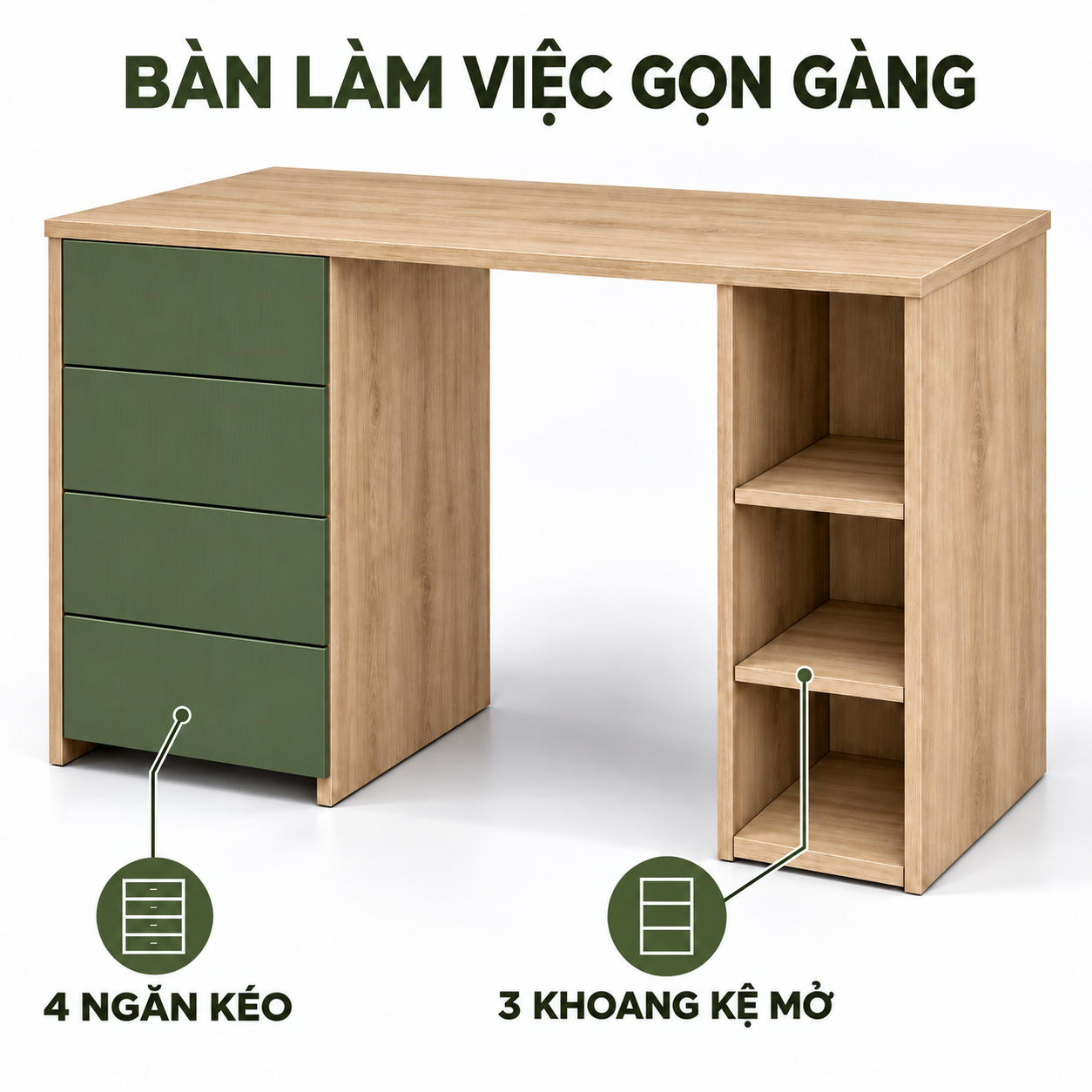Thiết kế bàn bốn ngăn kéo bên trái, ba khoang kệ mở bên phải GHS-4079 Thiết kế bàn bốn ngăn kéo bên trái, ba khoang kệ mở bên phải GHS-4079