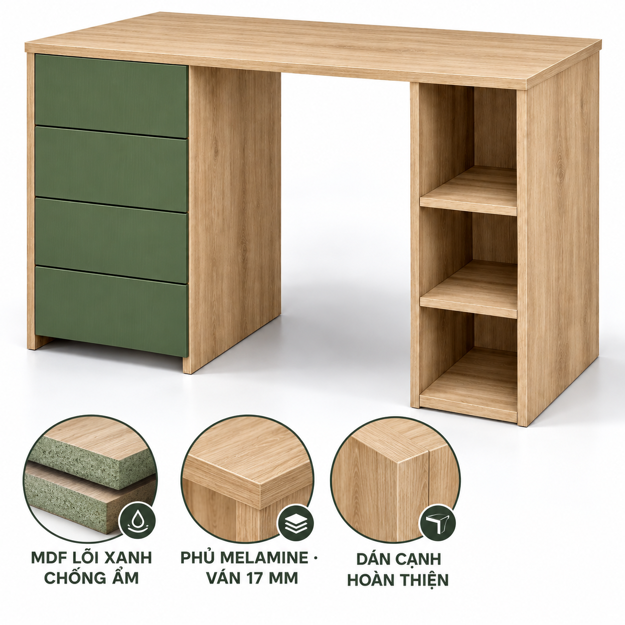 Minh họa phương án MDF lõi xanh chống ẩm phủ melamine 17 mm và dán cạnh Minh họa phương án MDF lõi xanh chống ẩm phủ melamine 17 mm và dán cạnh