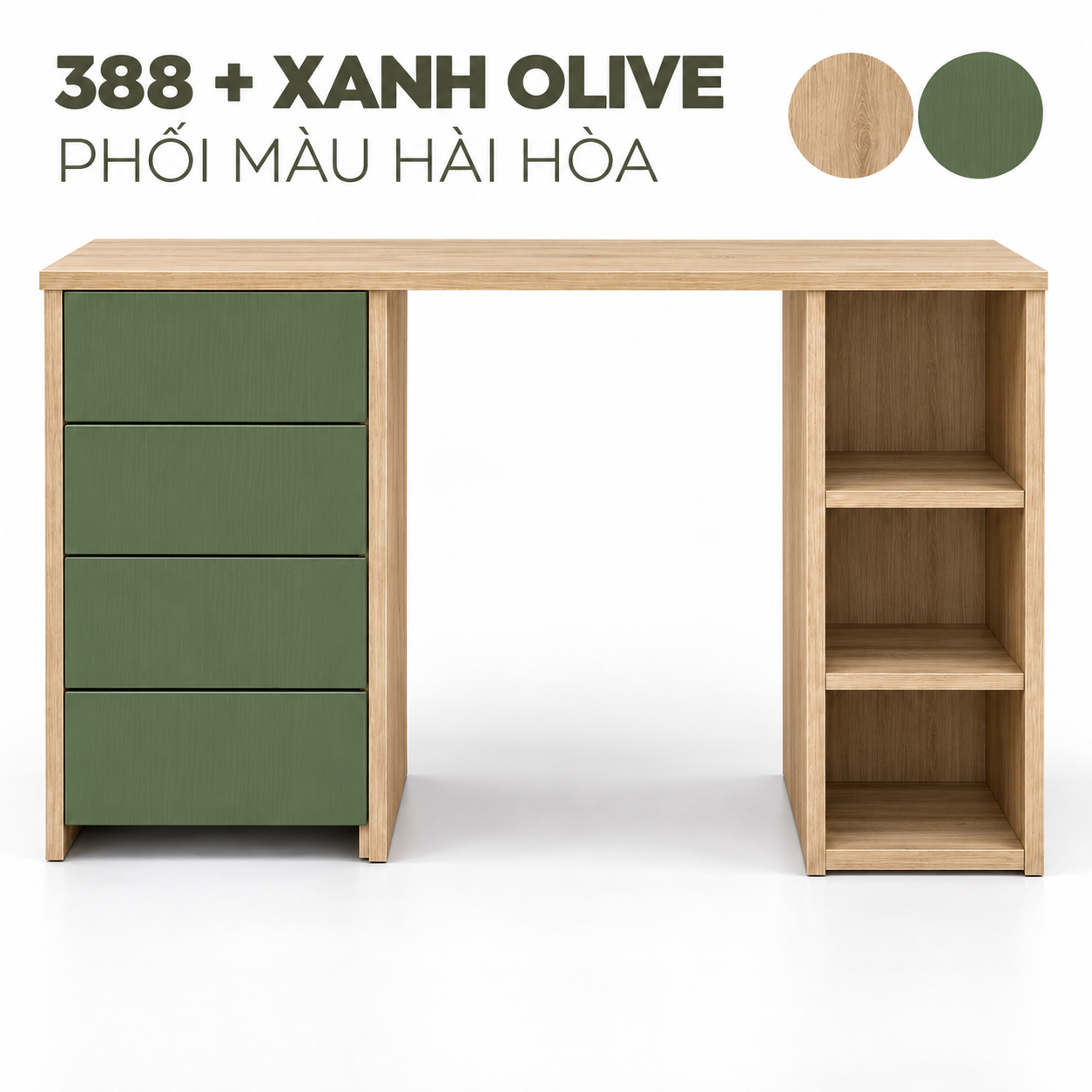 Bàn làm việc GHS-4079 phối gỗ sáng 388 và xanh olive nhìn chính diện Bàn làm việc GHS-4079 phối gỗ sáng 388 và xanh olive nhìn chính diện