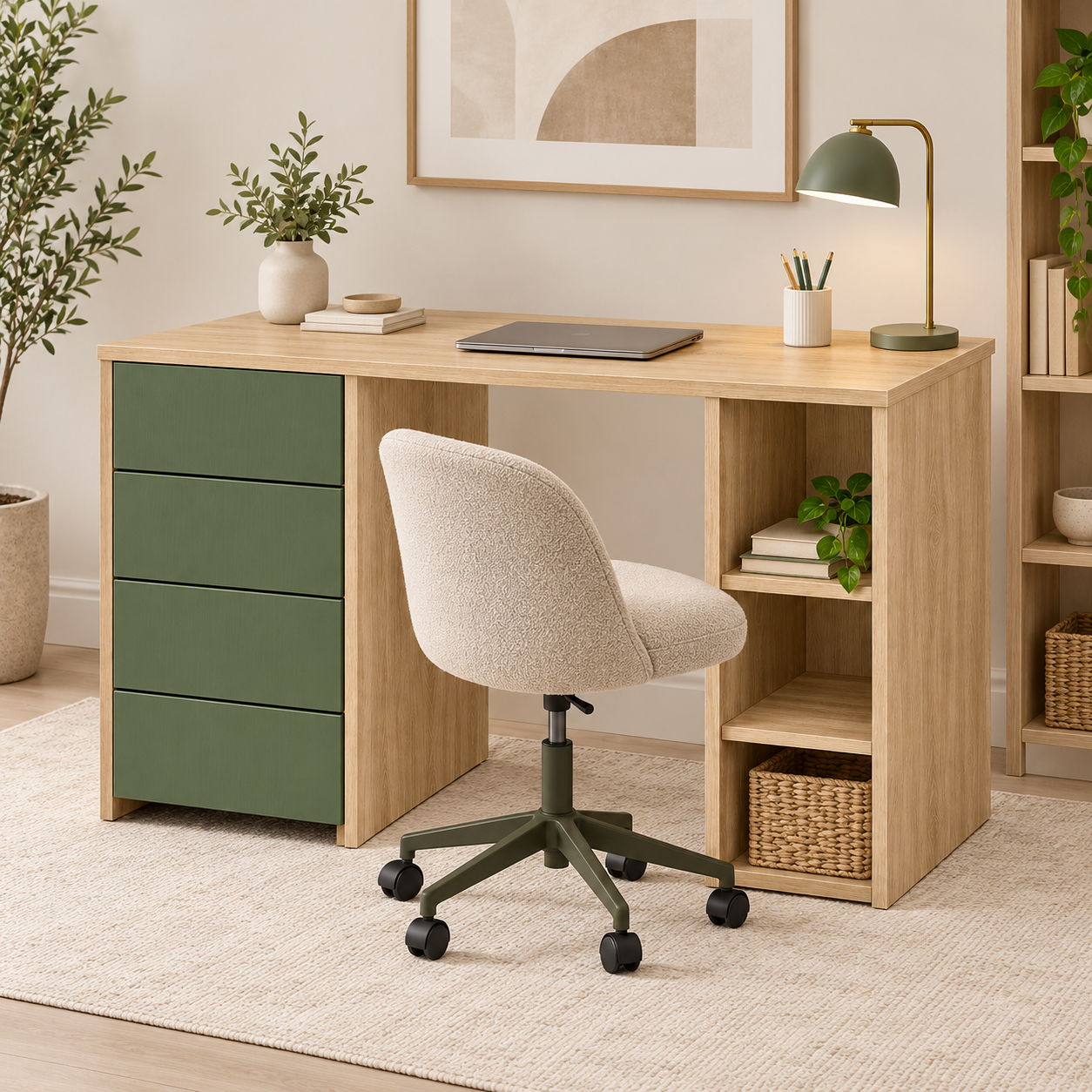 Phối cảnh minh họa bàn làm việc bốn ngăn kéo và kệ hông GHS-4079 Phối cảnh minh họa bàn làm việc bốn ngăn kéo và kệ hông GHS-4079