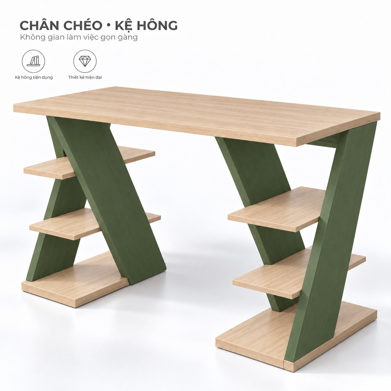 Thiết kế bàn làm việc chân chéo kệ hông GHS-4081