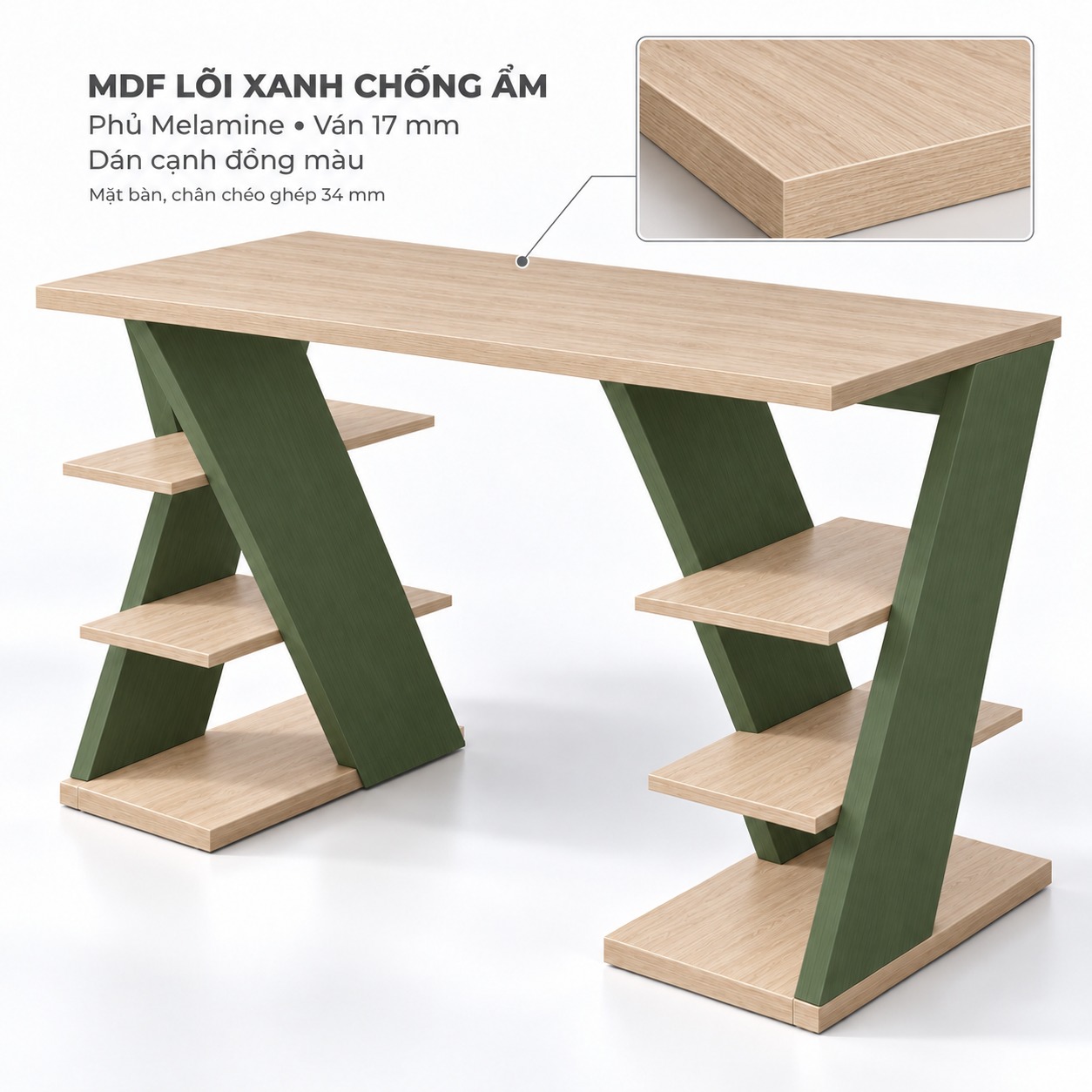 Phương án MDF phủ Melamine và cạnh dán đồng màu bàn làm việc chân chéo kệ hông GHS-4081