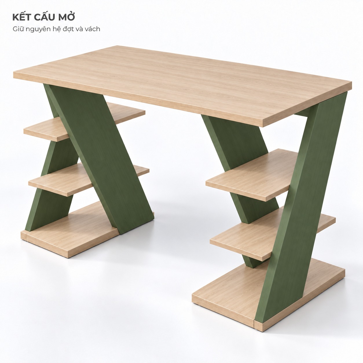 Kết cấu mở bàn làm việc chân chéo kệ hông GHS-4081