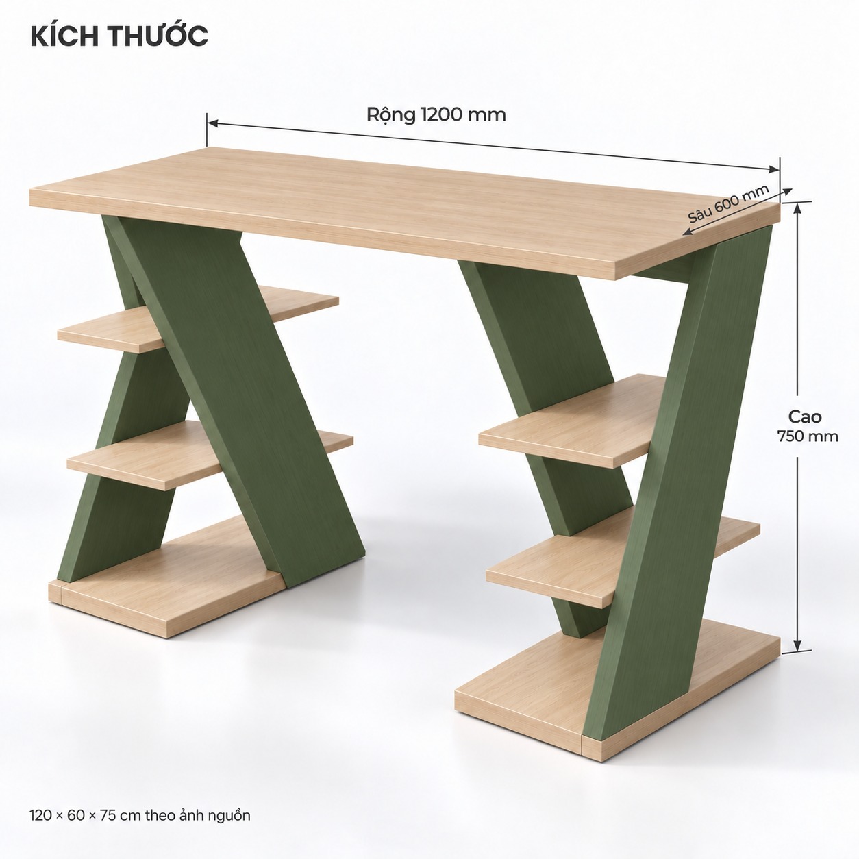 Kích thước tham khảo bàn làm việc chân chéo kệ hông GHS-4081