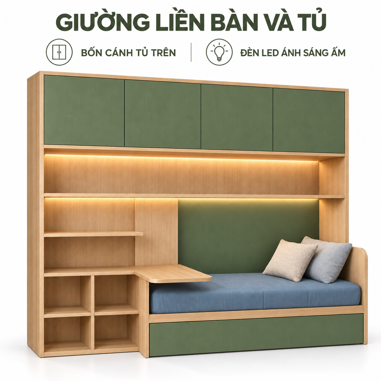 Thiết kế giường liền bàn học, bốn cánh tủ trên và LED ánh sáng ấm