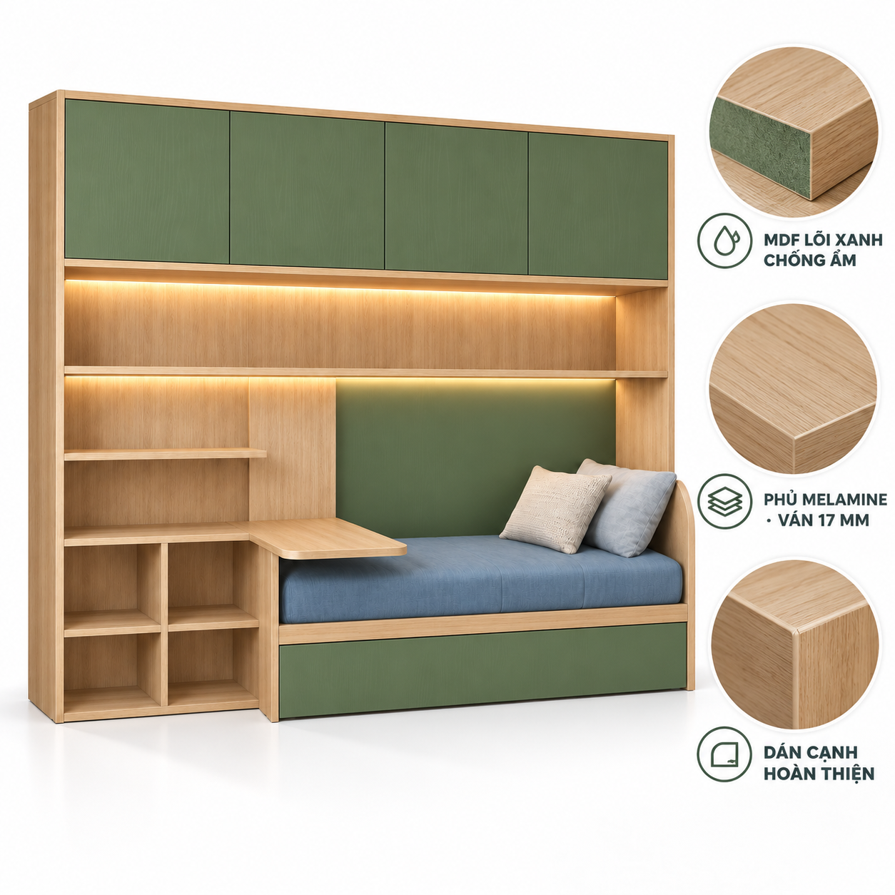 Phương án MDF lõi xanh chống ẩm phủ melamine 17 mm, dán cạnh