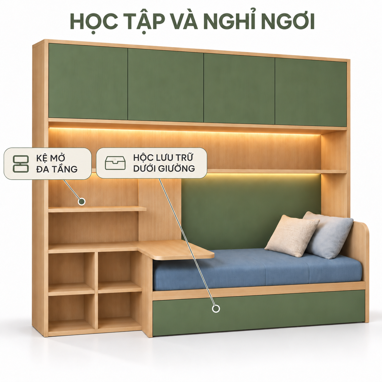 Giường liền bàn và kệ mở với khoang cất đồ dưới giường