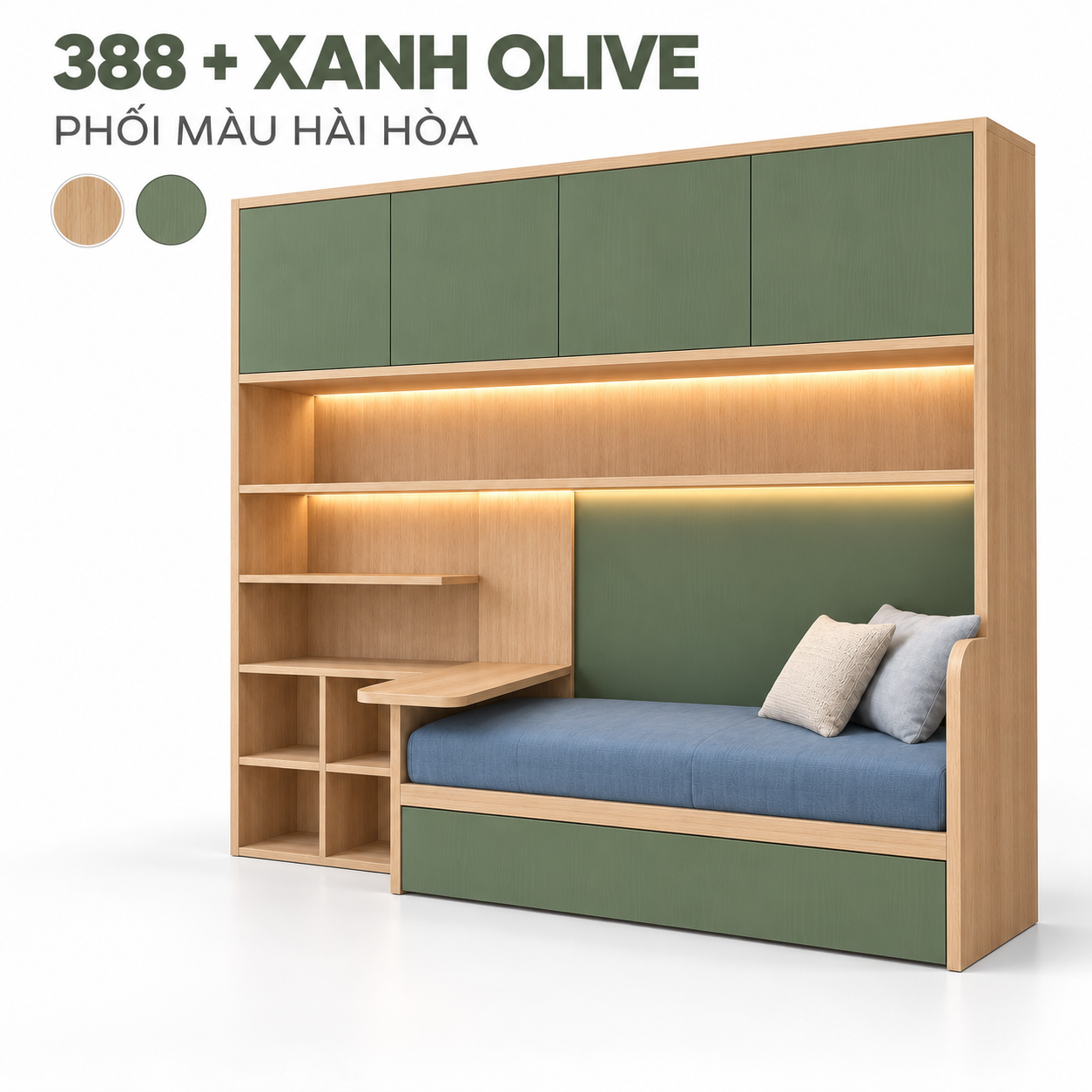 Phối gỗ sáng 388 và xanh olive nhìn từ bên phải