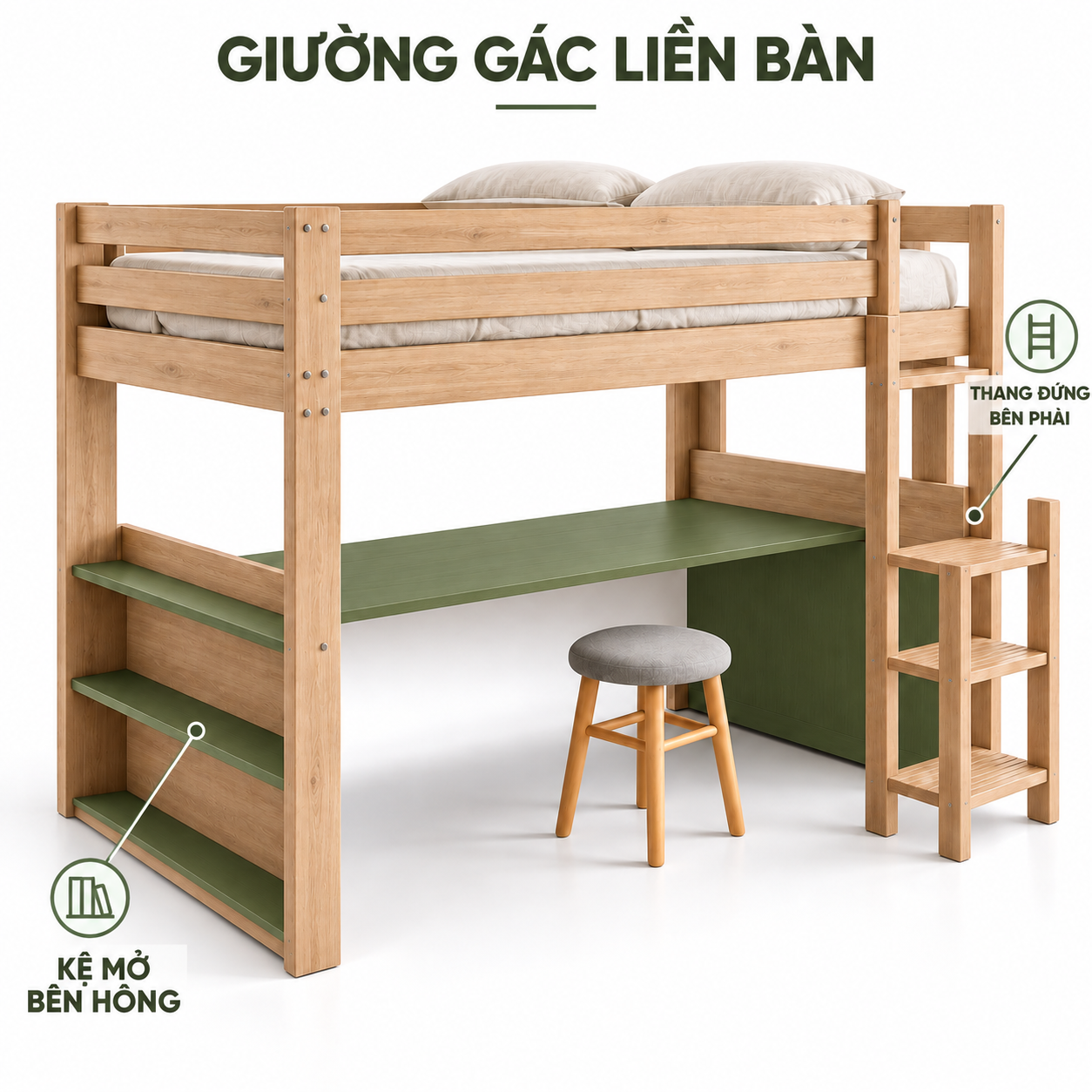Thiết kế giường gác GHS-9159 có bàn phía dưới, kệ trái và thang đứng phải Thiết kế giường gác GHS-9159 có bàn phía dưới, kệ trái và thang đứng phải