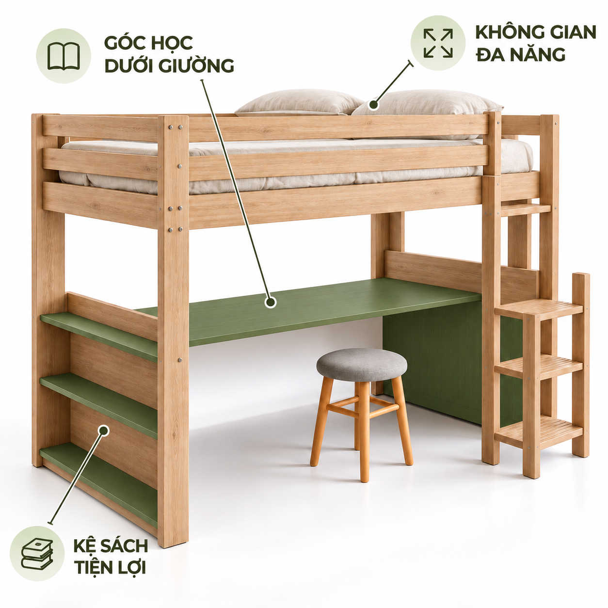 Góc bàn và hai khoang kệ mở dưới giường gác GHS-9159 Góc bàn và hai khoang kệ mở dưới giường gác GHS-9159