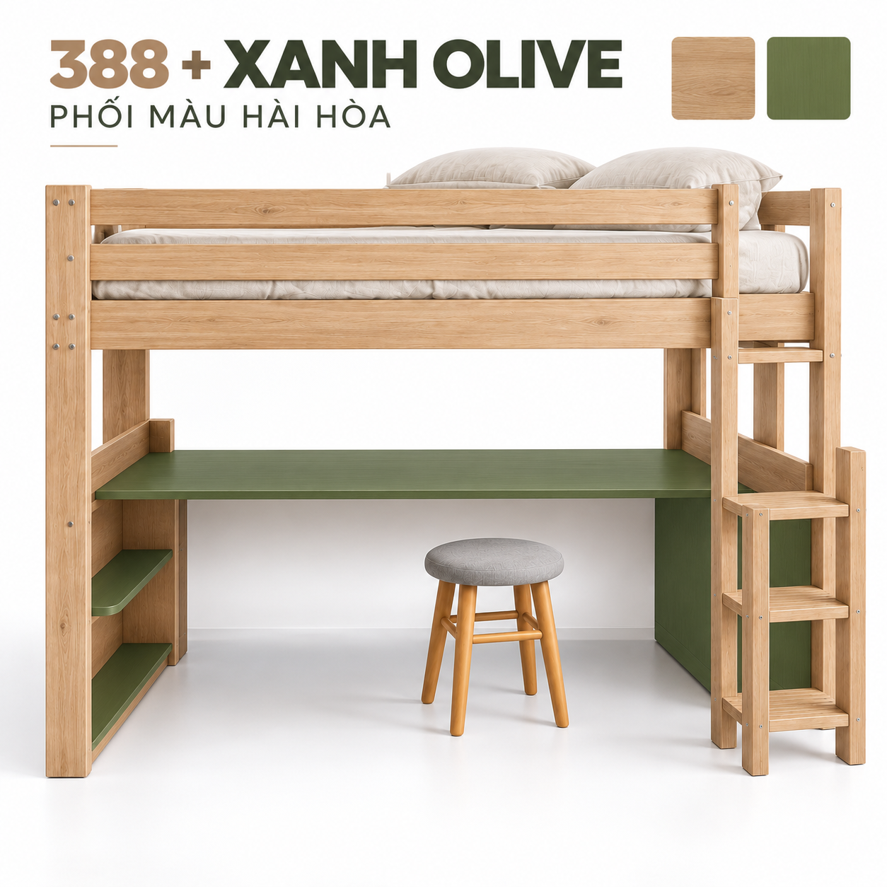 Giường gác GHS-9159 phối gỗ sáng 388, xanh olive nhìn chính diện Giường gác GHS-9159 phối gỗ sáng 388, xanh olive nhìn chính diện