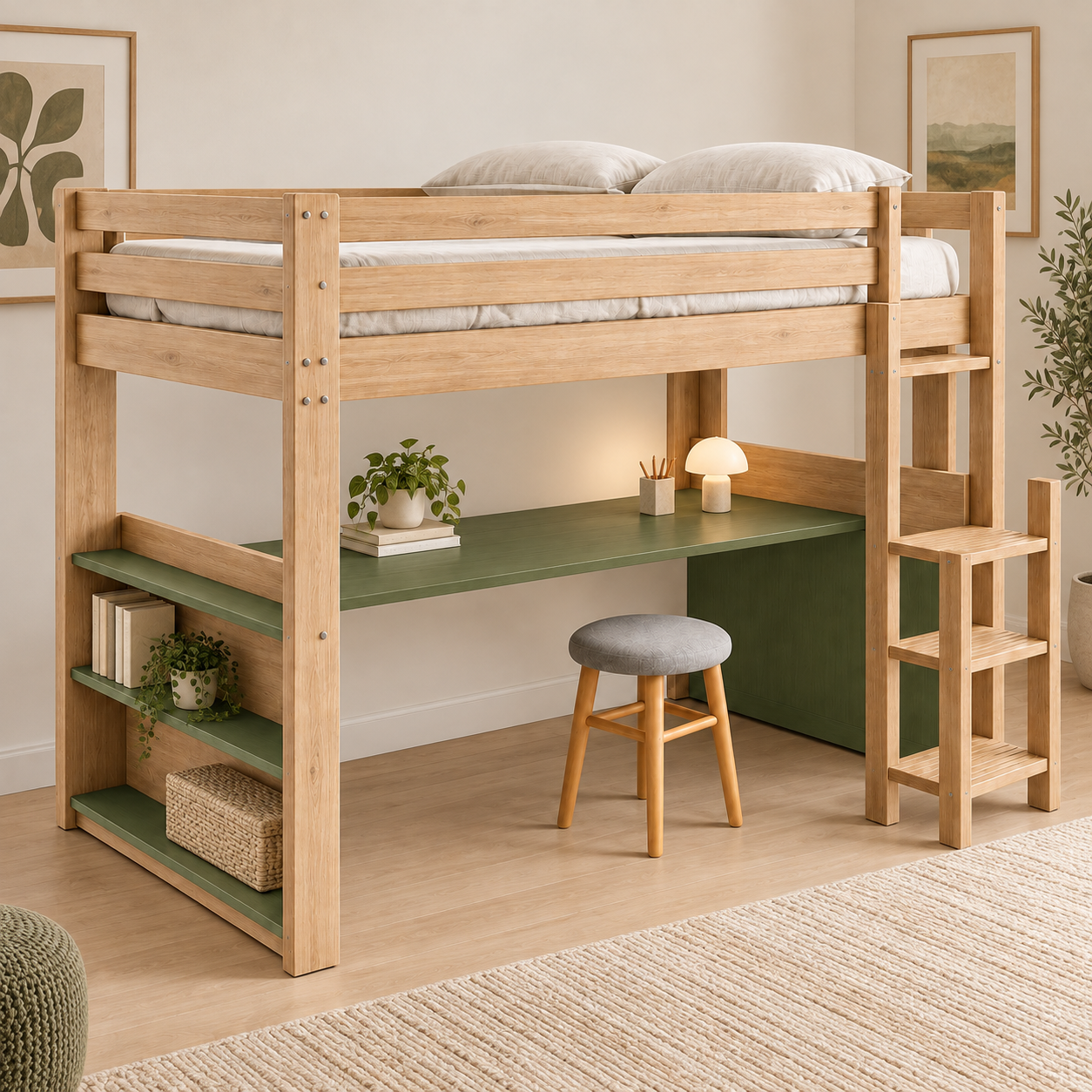 Phối cảnh minh họa giường gác liền bàn và ghế đôn GHS-9159 Phối cảnh minh họa giường gác liền bàn và ghế đôn GHS-9159